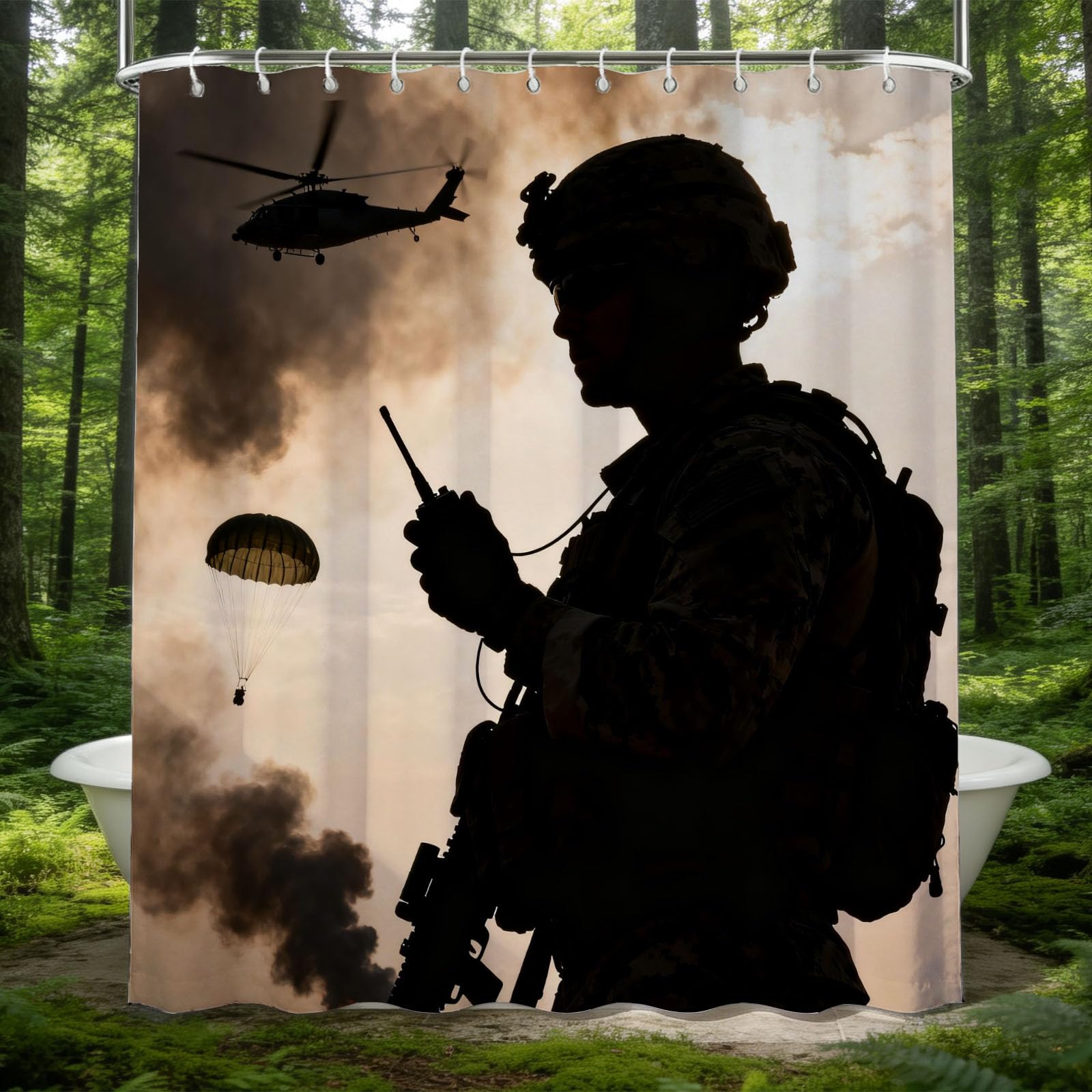 Rideau de douche 180x180 militaire en tissu polyester imperméable avec anneaux inclus