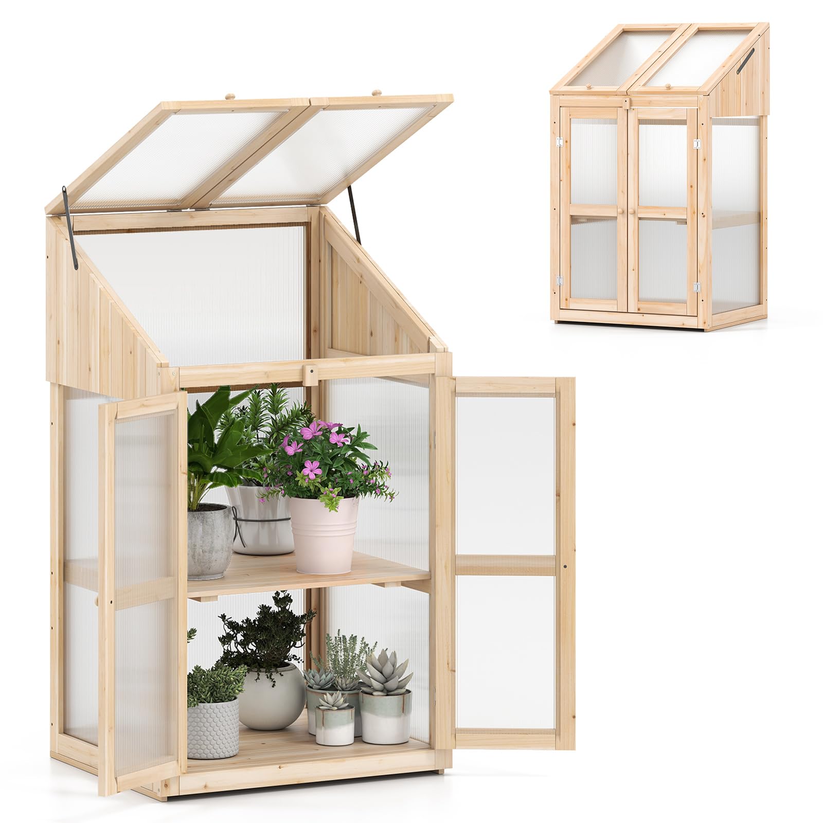 HOMASIS Serre de balcon en polycarbonate et verre, mini serre de jardin avec 2 étagères et portes, serre de terrasse en bois de sapin (naturel, 69 x 58 x 121 cm)