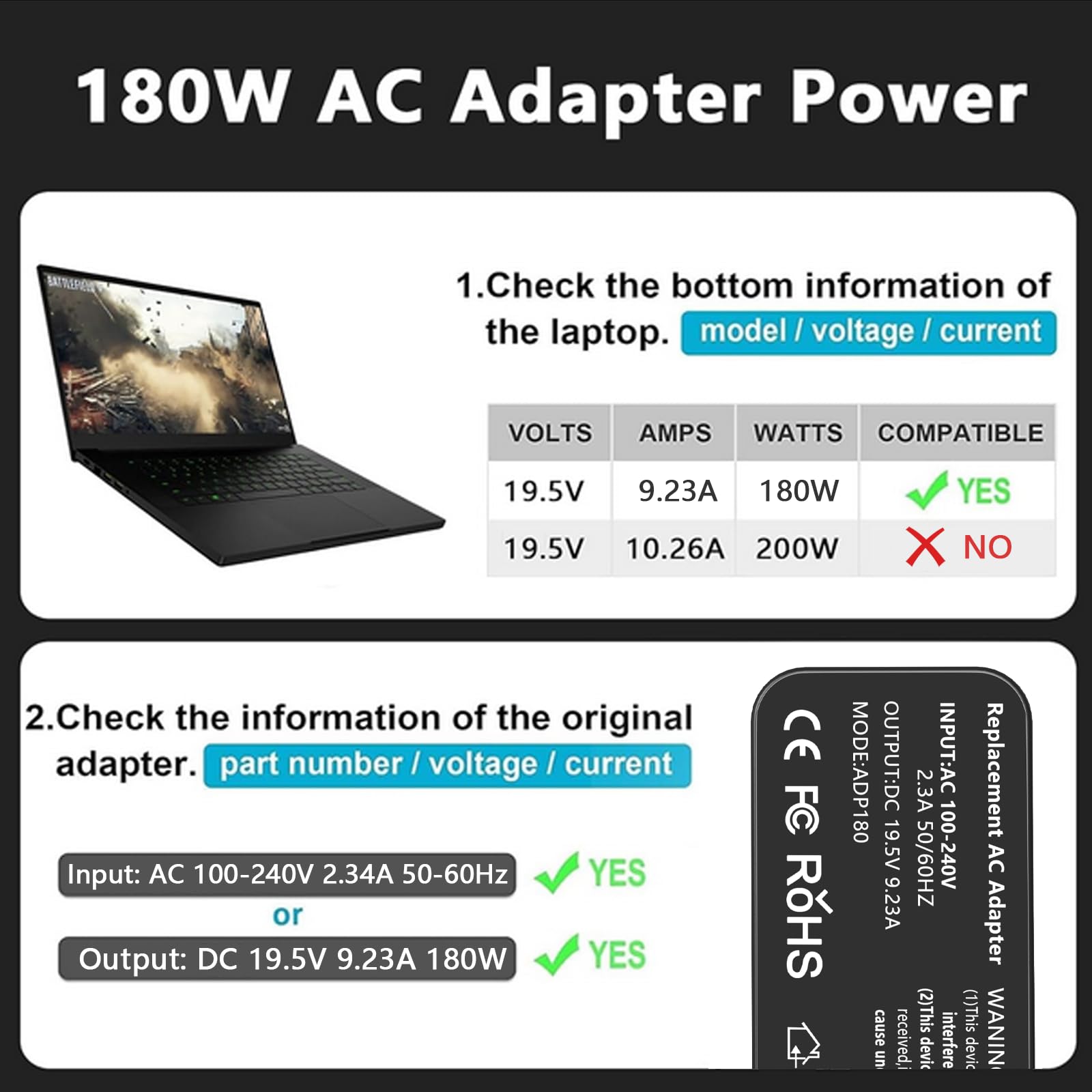 DECSZDY Chargeur pour ordinateur portable 180 W 19,5 V 9,23 A 5,5 x 2,5 mm compatible avec ASUS Rog G750JM G750JX G750JS G750JW G751JM G752VT GL502VT GL502VS GL502VM GL702VM GL702VT G55 G55VW G70 G75