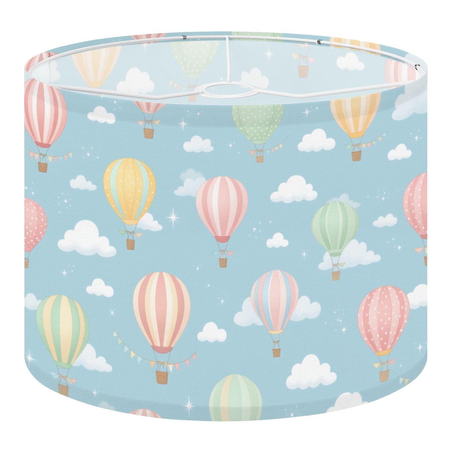 Okrągły klosz lampy bębnowej z tkaniny, pastelowe balony na gorące powietrze, unoszące się błękitne niebo, chmury, vintage, średni, lniany, dekoracyjny montaż, wymienne abażury, 33 cm, zestaw 1 szt