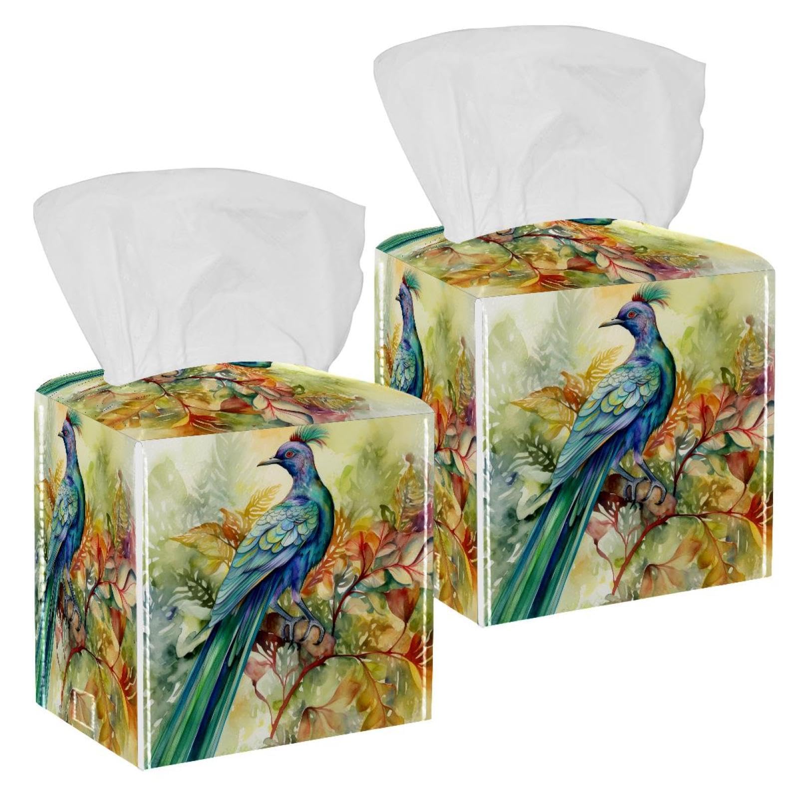 Watercolor Bird Tissue Box Cover, 2 Pack PU Leather Square Facial Tissue Dispenser Box holder for Home Office Car