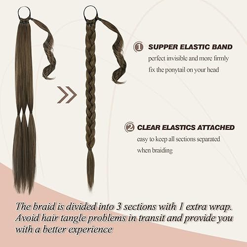 Miniatura 2 de BARSDAR Extensión de cola de caballo trenzada de 26 pulgadas de largo con banda elástica para el cabello, extensiones de cabello lacio envolvente,