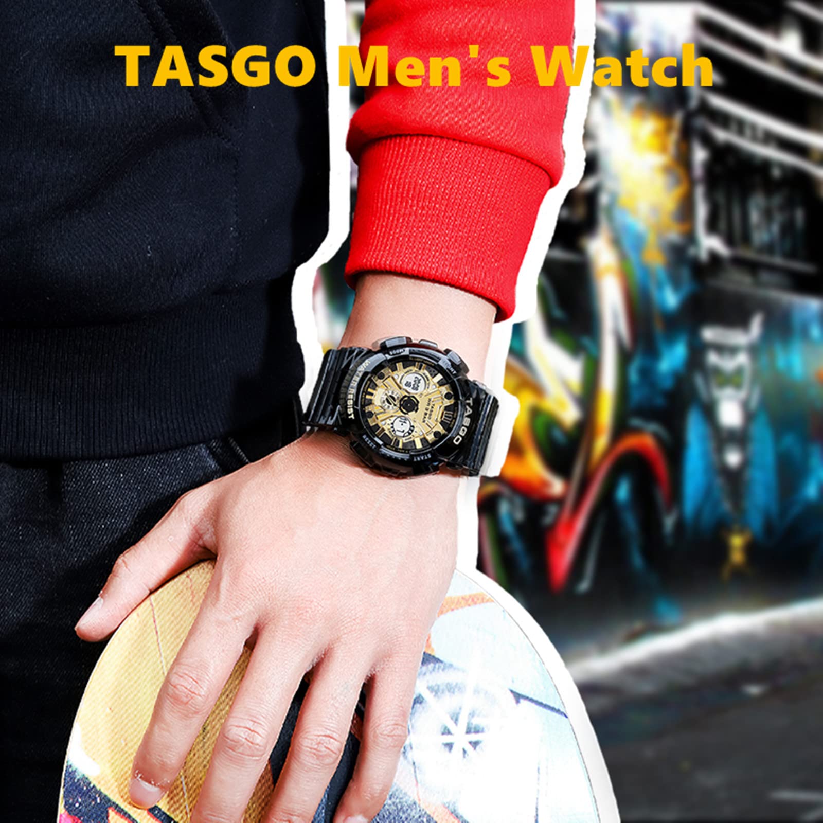TASGO Męski cyfrowy zegarek sportowy, outdoorowy podwójny wyświetlacz 50 m, wodoodporny, elektroniczny zegarek wojskowy LED, stoper, zegarek na rękę dla młodzieży, unisex
