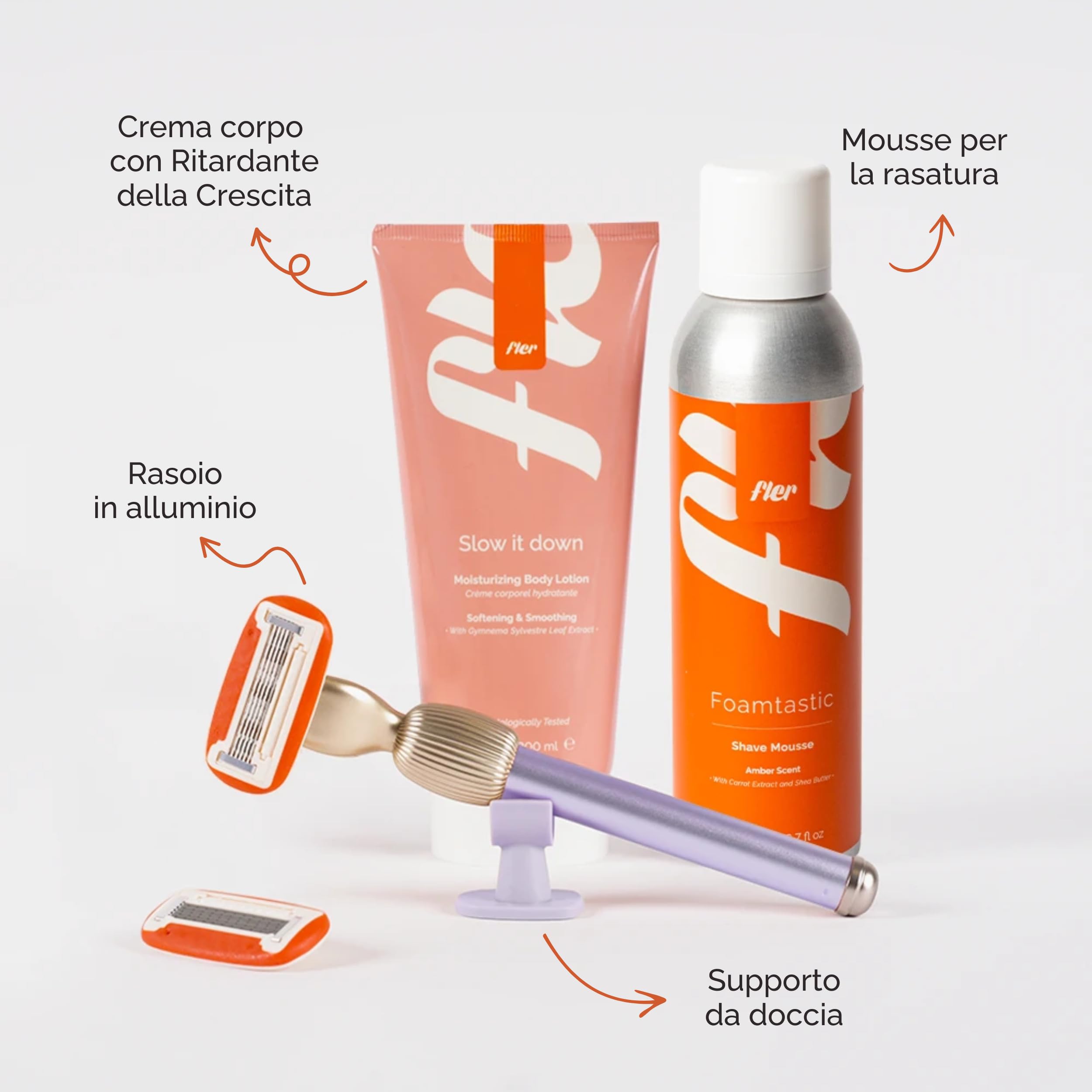 Fler Smooth Skin Set - Maquinilla de Afeitar para Mujer con Soporte y 2 Recambios, Maquinillas Unisex, Set con Mousse Depilatoria y Crema Corporal Calmante, Cuchilla con Aloe Vera (Lila, Crema 200 ml)