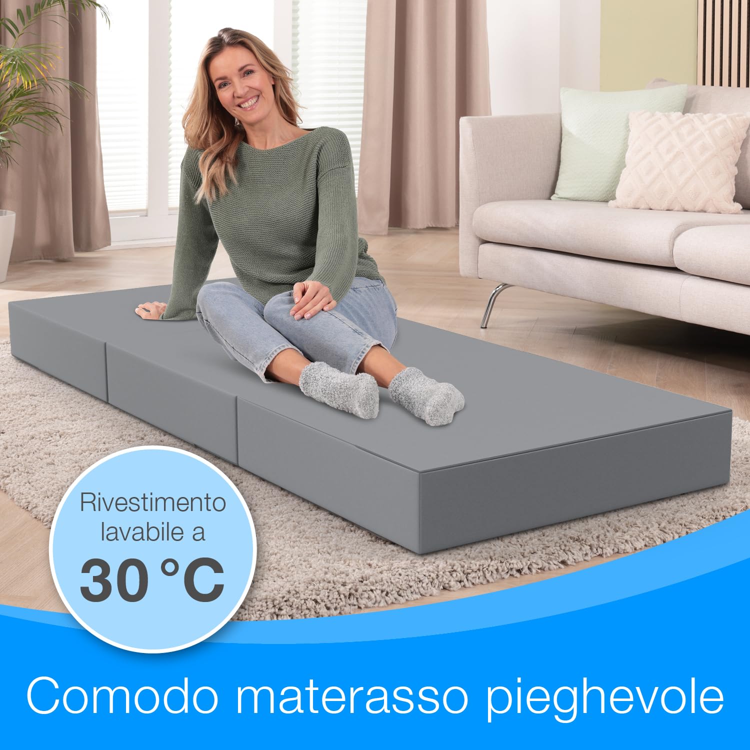 ELONEO materassino pieghevole per ospiti, materasso pieghevole a 3 parti, spugna extra spessa (15cm), lavabile, cubo a disco intervertebrale, adulti (grigio, 75 x 195 x 15 cm)