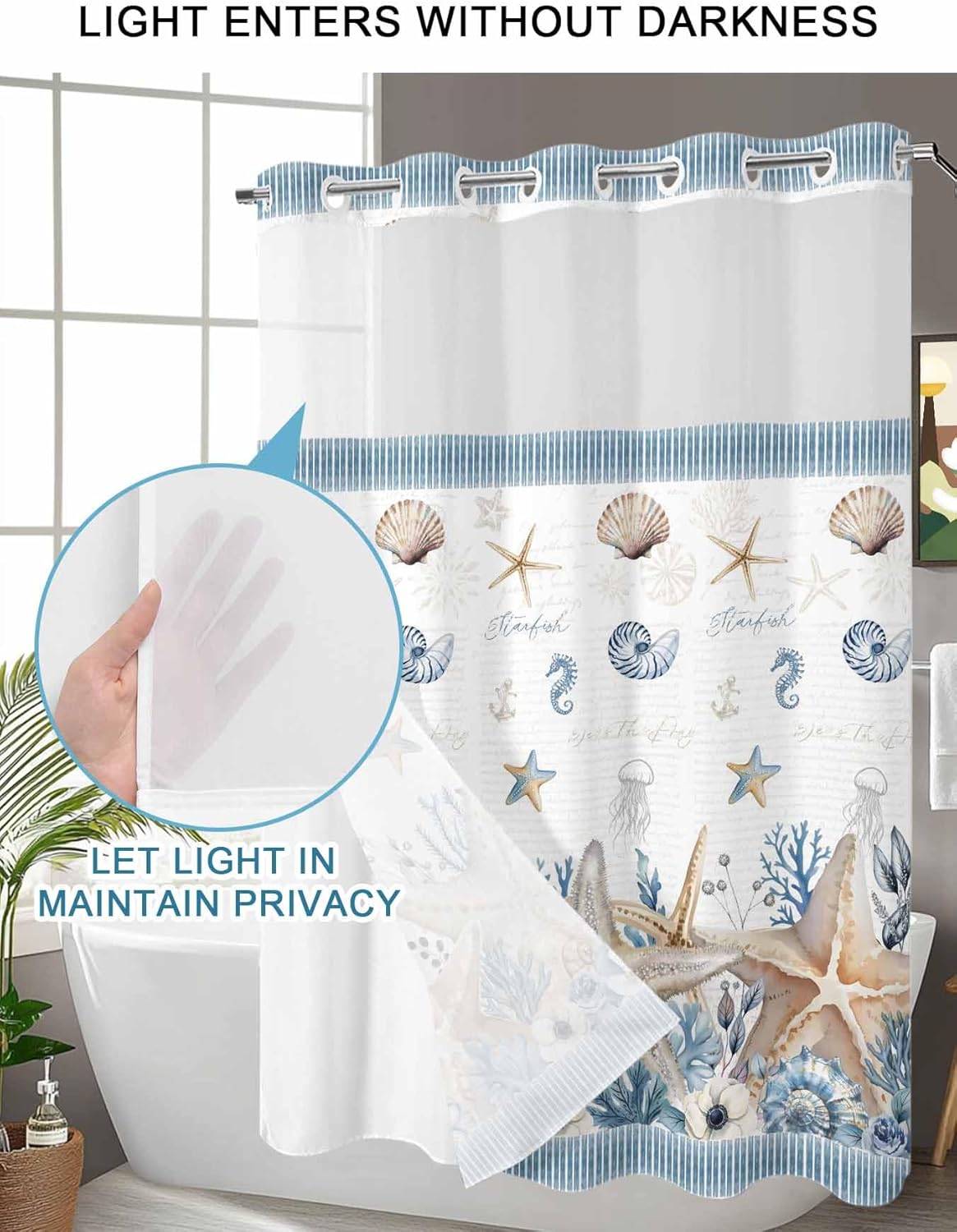 No Hook Shower Curtains with Snap-in Liner Set, Beige Starfish Coastal Waterproof Bathroom Shower Curtain, Blue Summer Beach Coral Shell Nautical Breathable Mesh Top Window Bath Curtains 60''x72''