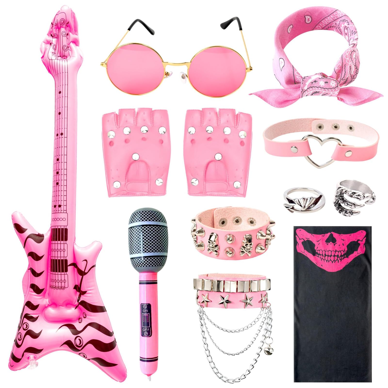 MUU Pink Punk Rockstar Costume Set,Gothic Rocker Fancy Dress Kit,Punk Rockstar Fancy Dress Accessories with Sunglasses,Bandana,Gloves,Bracelets,Rings,Guitar & Microphone for Halloween Cosplay Party