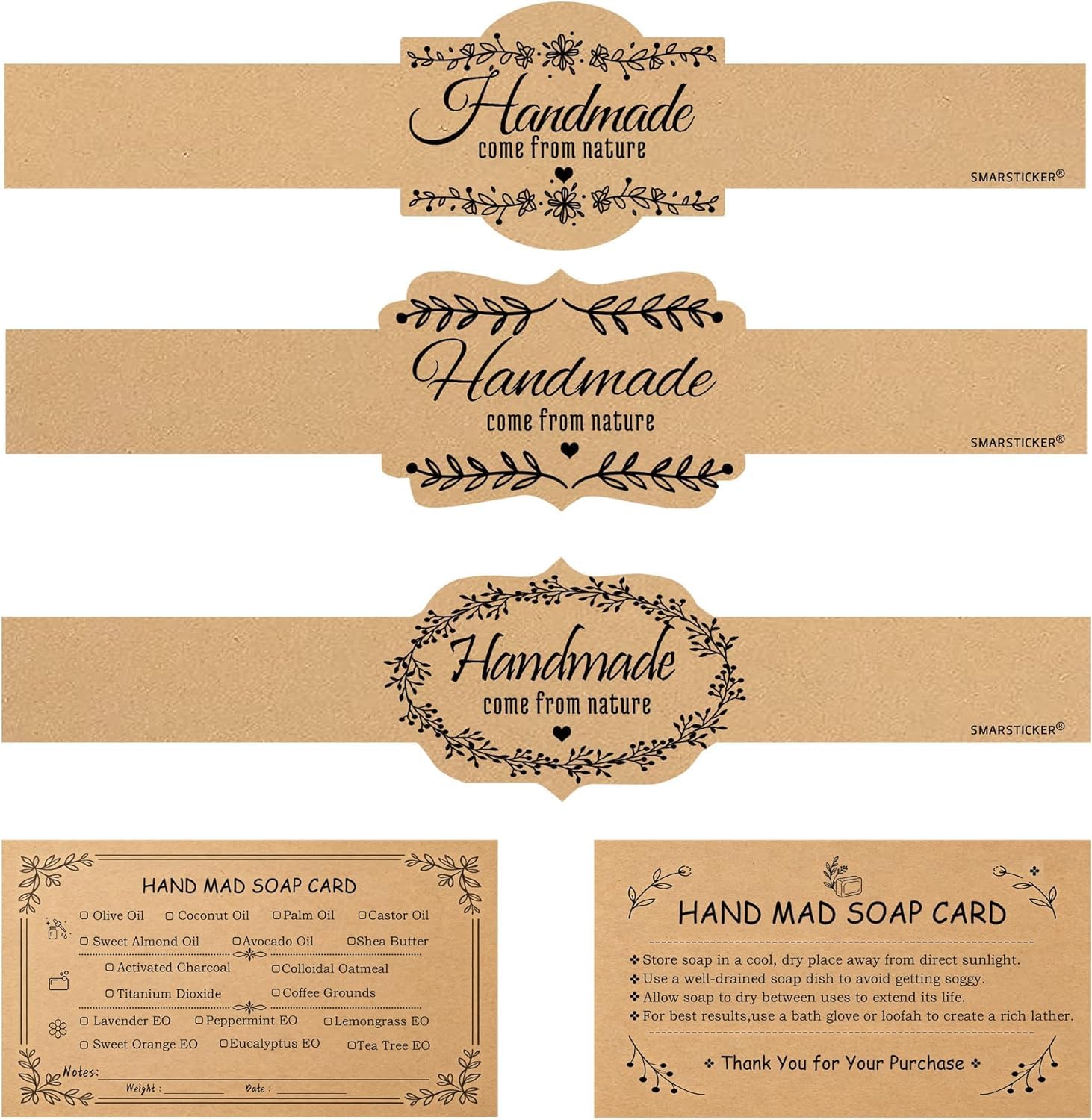 Brown Kraft Soap Labels 120pcs, Handmade Soap Wrap Tags 120pcs Handmade Soaps Care Cards with 3.5x2 Inch Bar Card Instructions for Homemade Soap Packaging Supplies