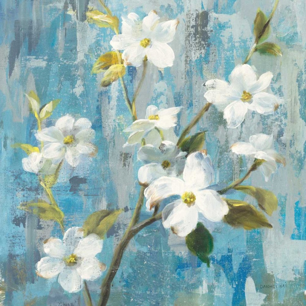 Lienzo impreso con caja americana Graceful Magnolia I Nai Danhui - Floral cuadrado Art print flor floral blanco azul tallo hojas magnolia magn marco flotante 24_X_24_in