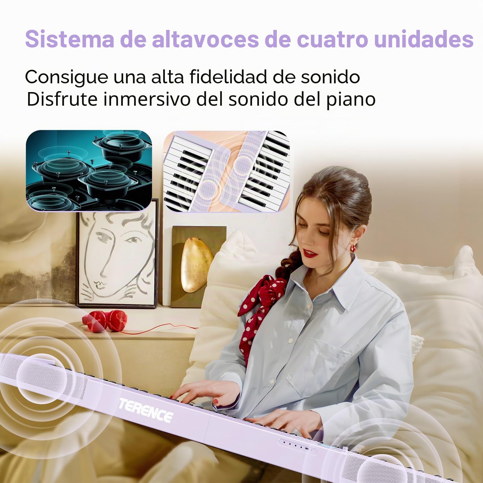 TERENCE Piano Plegable de 88 teclas con batería de 1800mAh 2x5W Altavoces Pedal Piano Bluetooth interfaz MIDI soporte para partituras bolsa adhesiva cable de audio pedal piano púrpura