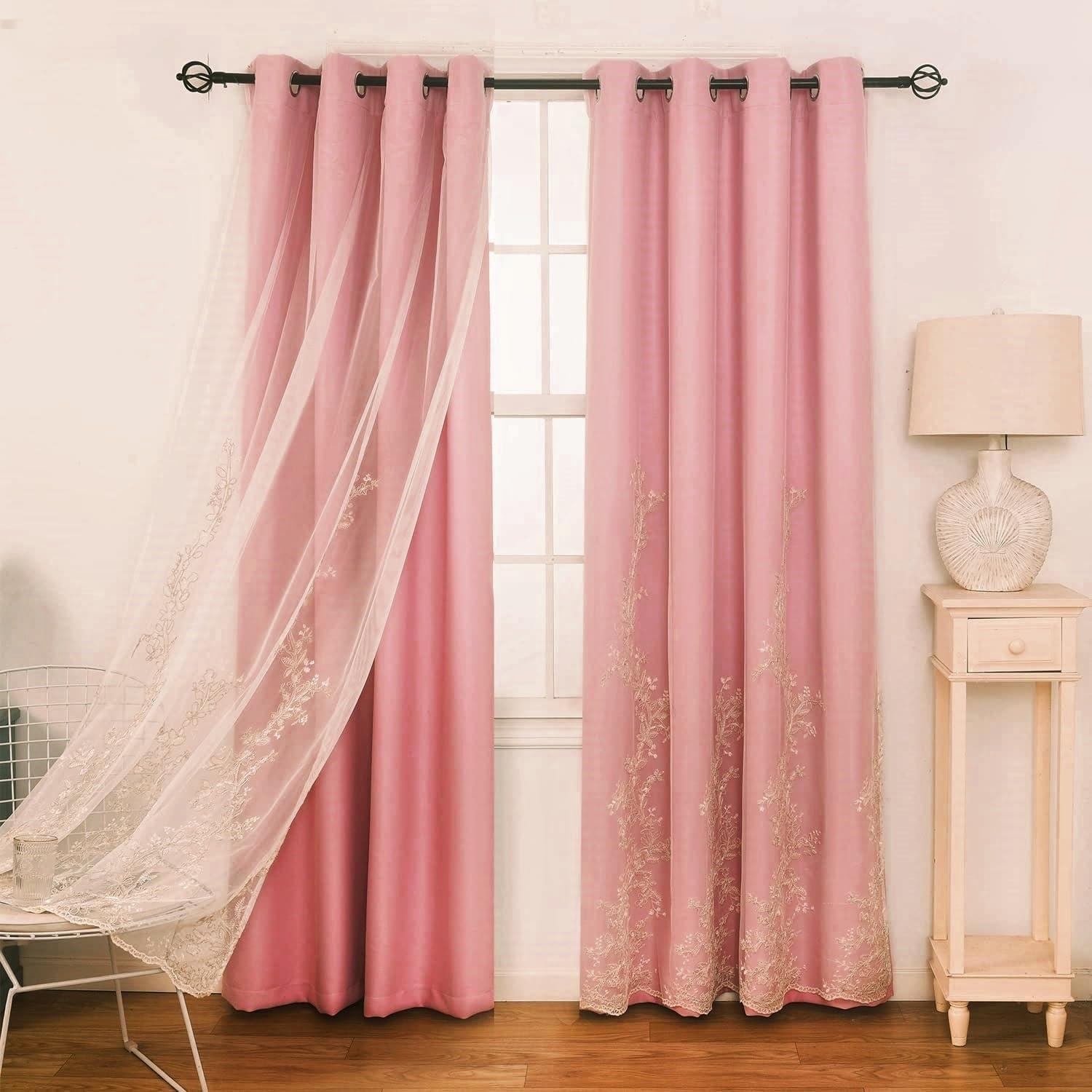 Gxi Double Layer Curtains for Living Room Solid Pink Blackout Drapes 96 Inch Long with Gold Embroidery Flower Sheer Voile Panels Grommet Thermal Insulated Window Treatment Sets, W55 x L96 Inch
