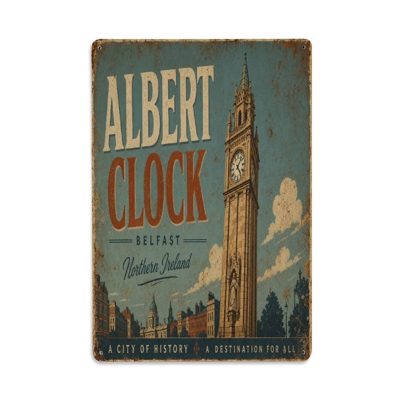 Belfast Albert Clock Travel City Victorian Tower Metal Tin Sign Plaque Wall Decor for Cafe, Man Cave, Club Bar, Office, Home Garden Round Metal Poster 8x12Inch