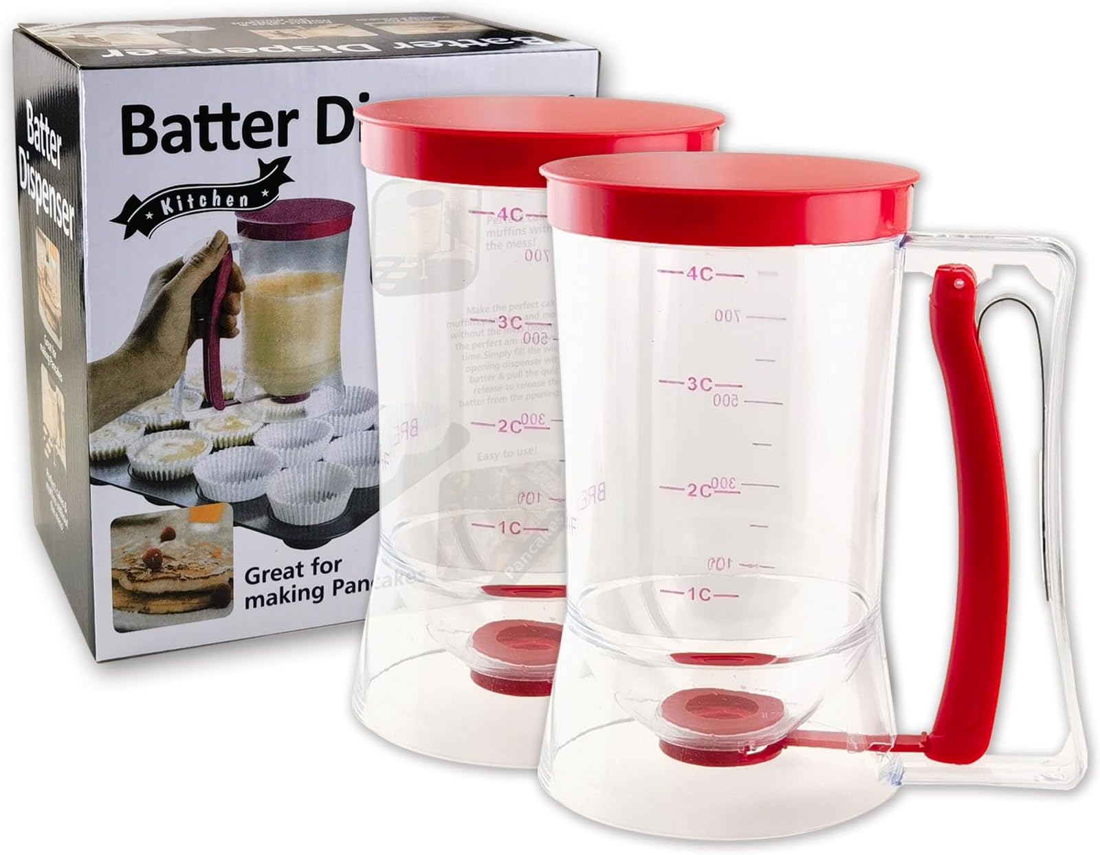 2 Pack Pancake Batter Dispenser with Squeeze Handle - 4-Cup Measuring Dispenser for Pancakes/Cupcakes/Waffles/Crepes - BPA-Free Pourer with Easy Clean Design - Professional Baking Tools, Red