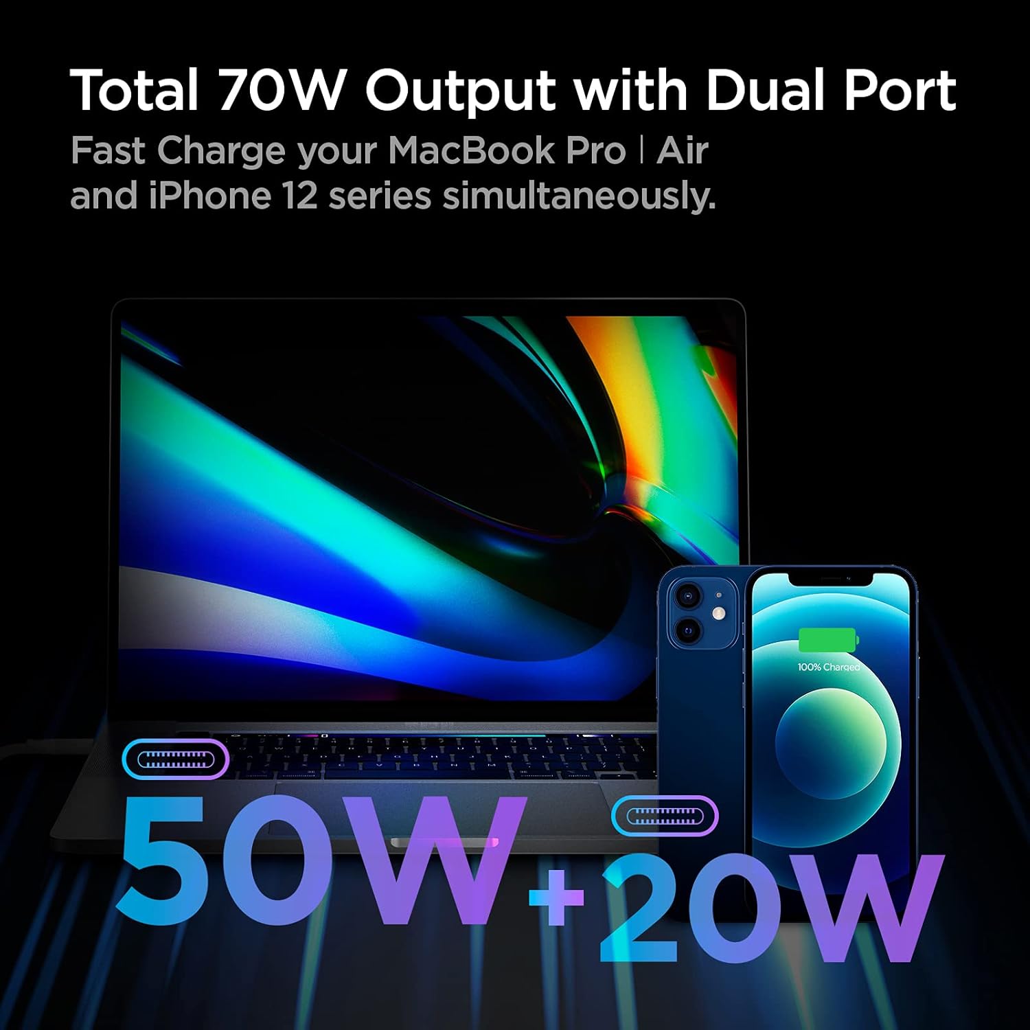 Spigen 70W Dual USB C Wall Charger charging a MacBook Pro at 50W and an iPhone at 20W simultaneously.