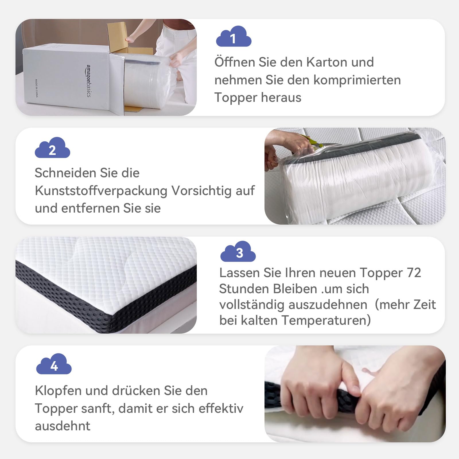 Amazon Basics Matratzen Topper 140 x 200 cm, 7 cm Höhe Gel-Schaum Matratzenauflage, weiß