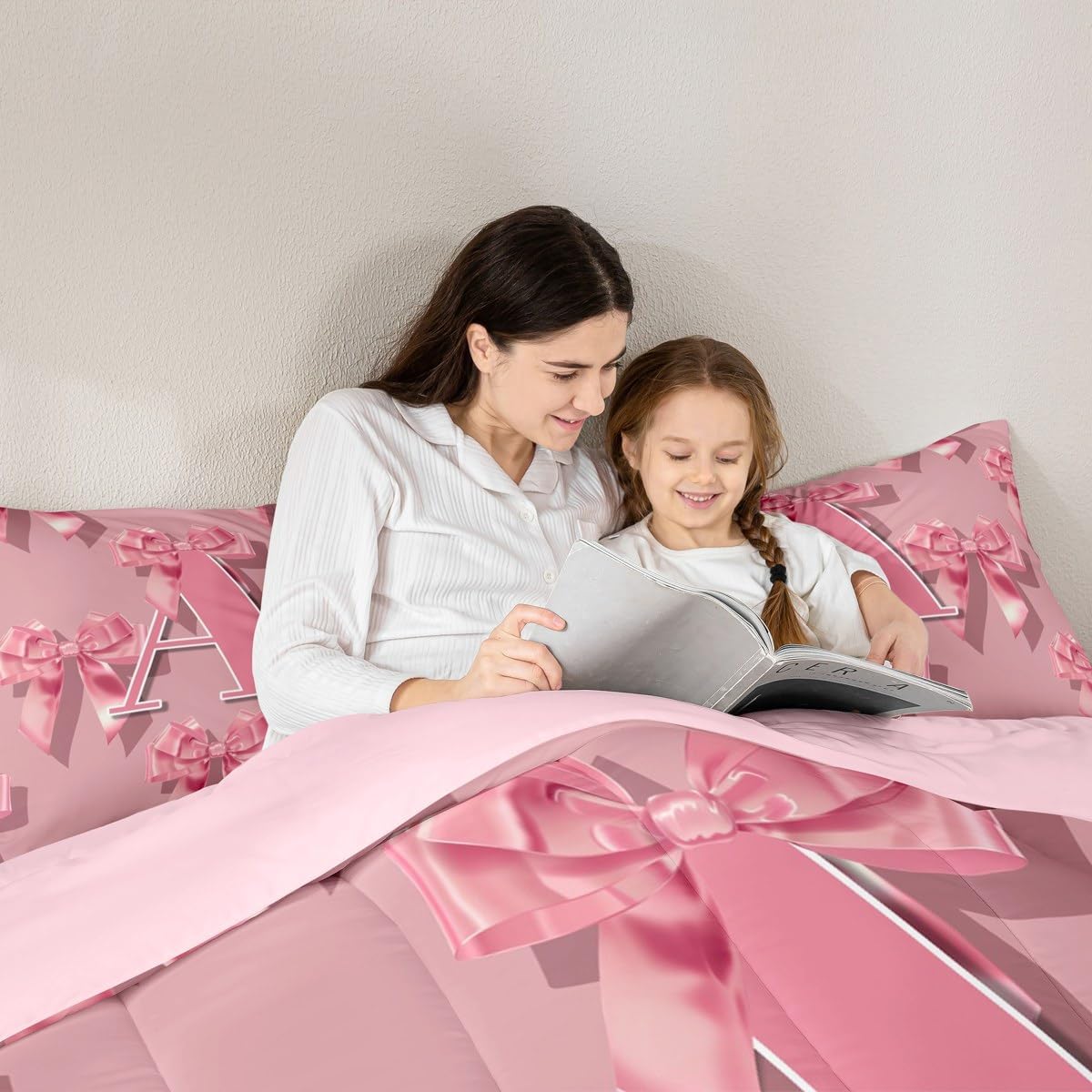 jejeloiu Girls Pink Bow Comforter Set All Season Cute Bowknot Bedding Set with 1 Pillow Cases Initial Letter A Kids Twin Bedclothes Monogrammed Bedroom Decor Kawaii Coquette Bows Duvet Quilt