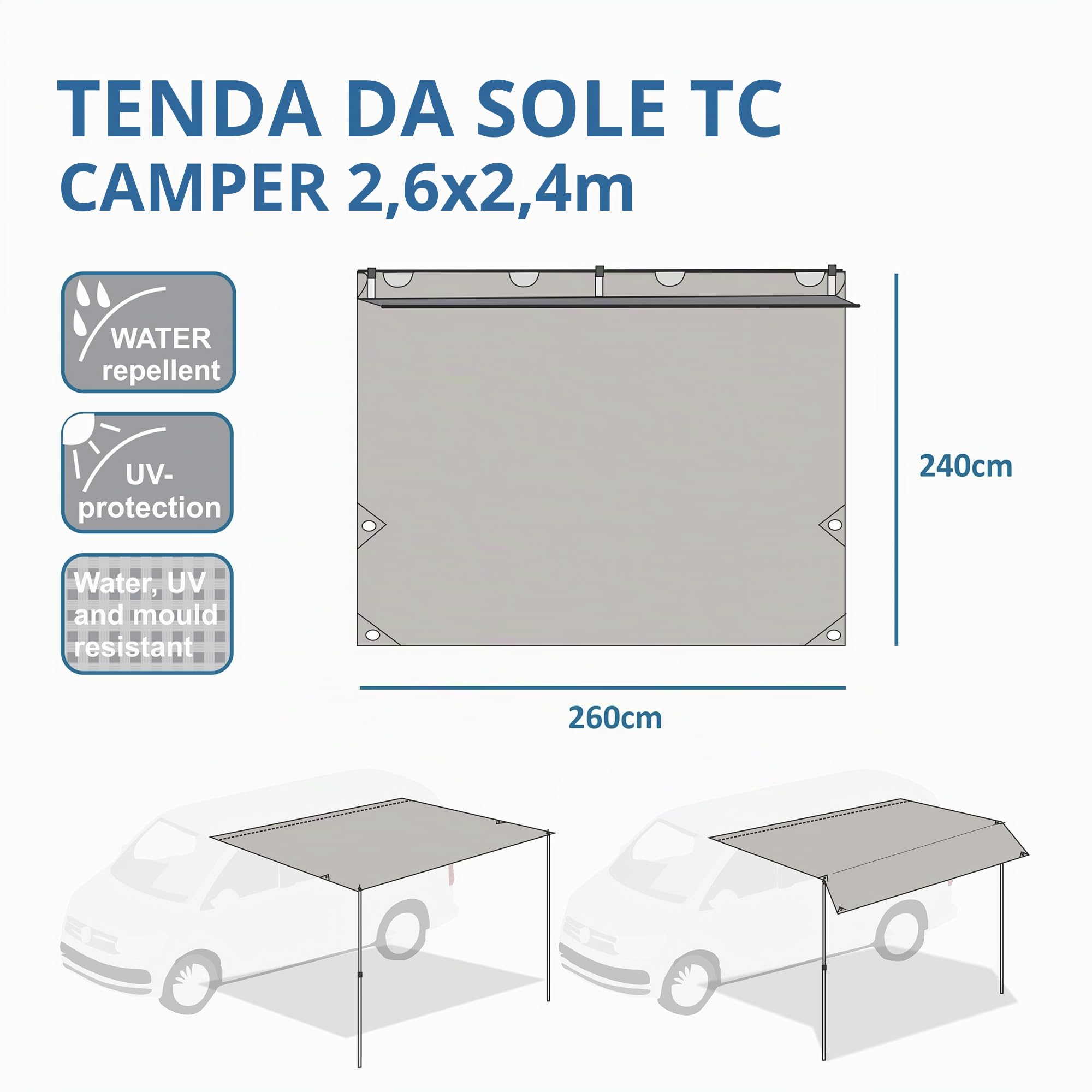 your GEAR Motorhome - Tenda parasole in cotone Tarp TC, 260 x 240 cm, con aste di appoggio per campeggio, autobus, furgone, auto