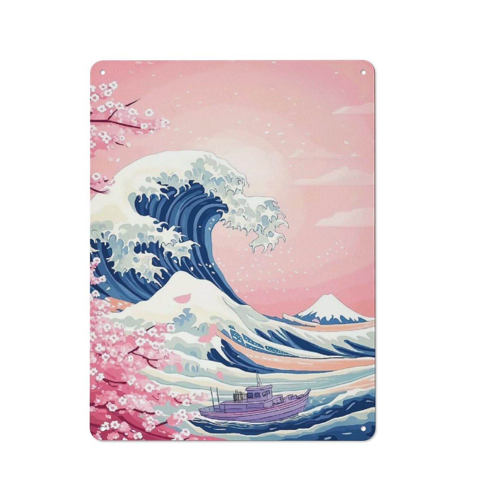 Junmoney Great Wave Cherry Blossoms Retro-Style Metal Sign 40X30cm For Garage Or Workshop, A Moving-Home Gift For Collectors Of Tin Signs