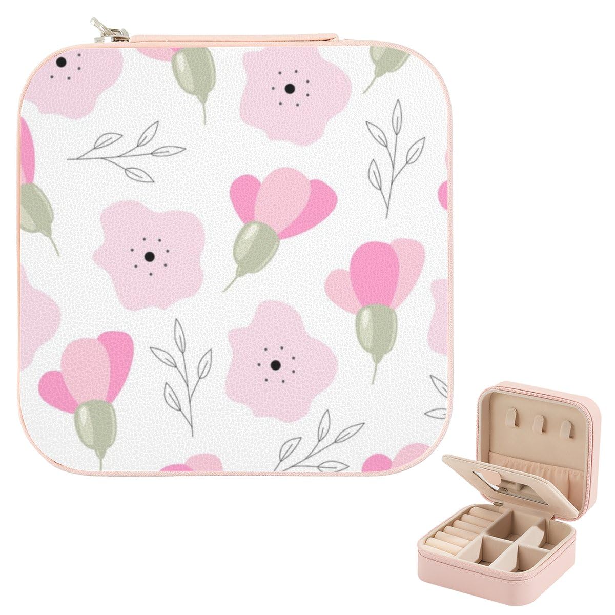 Travel Jewelry Case Small Blush Blooms Wild Flowers Leather Pink Engagement Ring Holder Jewellery Accessories Mirror Jewelry Organizer