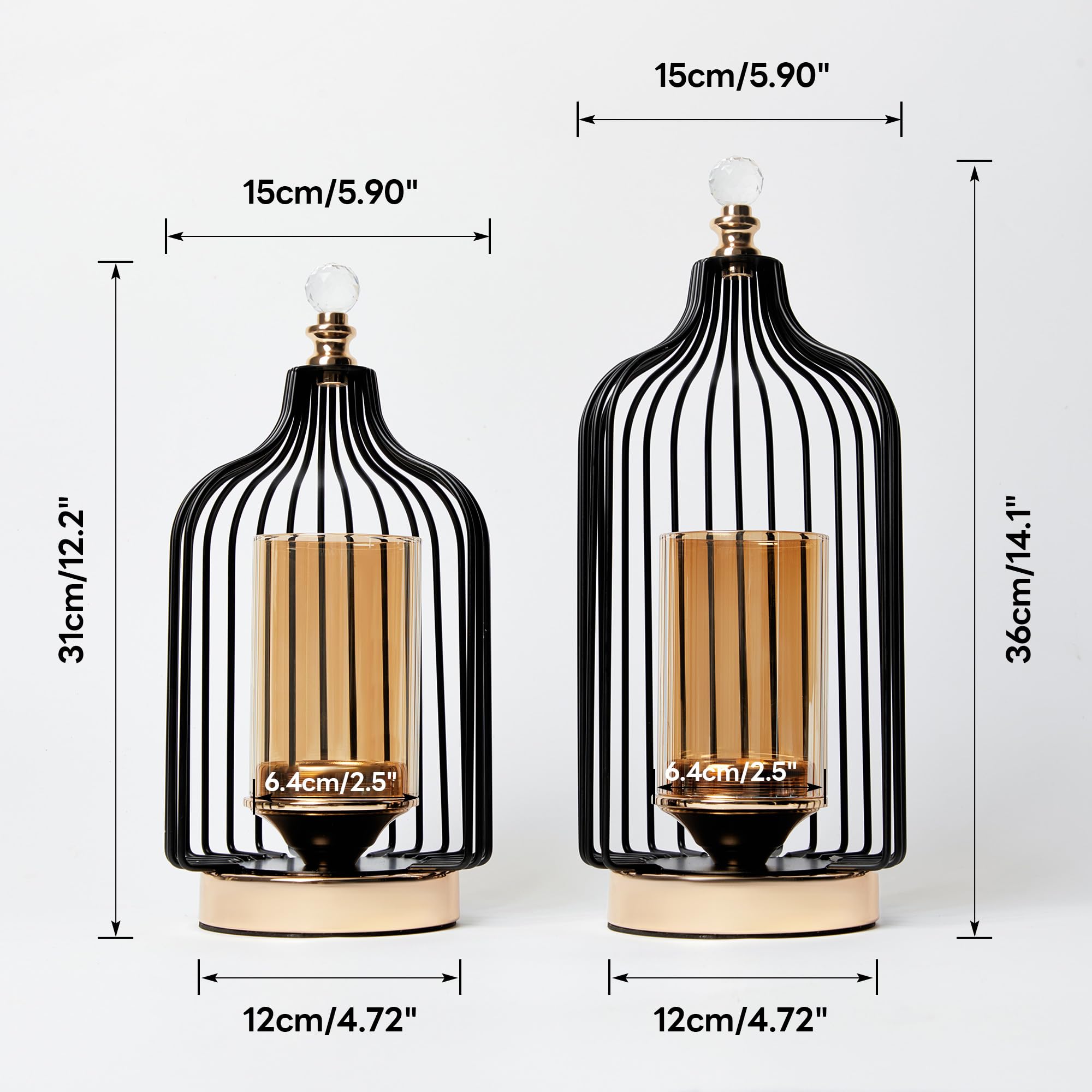 Lanterna decorativa – Portacandele Hurricane per candela pilastro, per interni ed esterni, alta e piccola, con paralume in vetro, set di 2, regalo per matrimoni, fattoria, decorazione centrotavola da