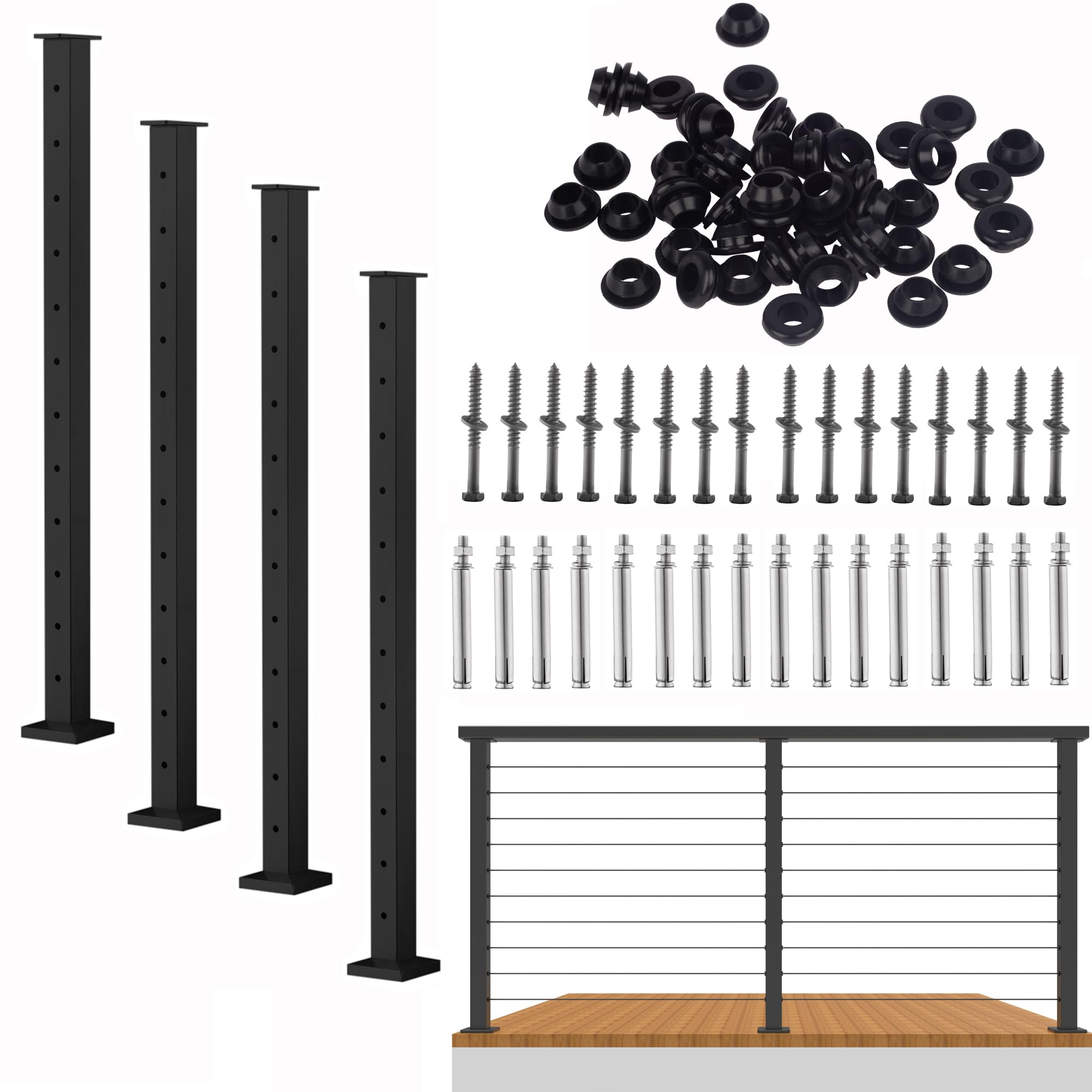 Senmit Cable Railing Post - Stainless Steel Square Fence Post for Deck Cable Railing System (42" Level-drilled-4 Pack, Black)