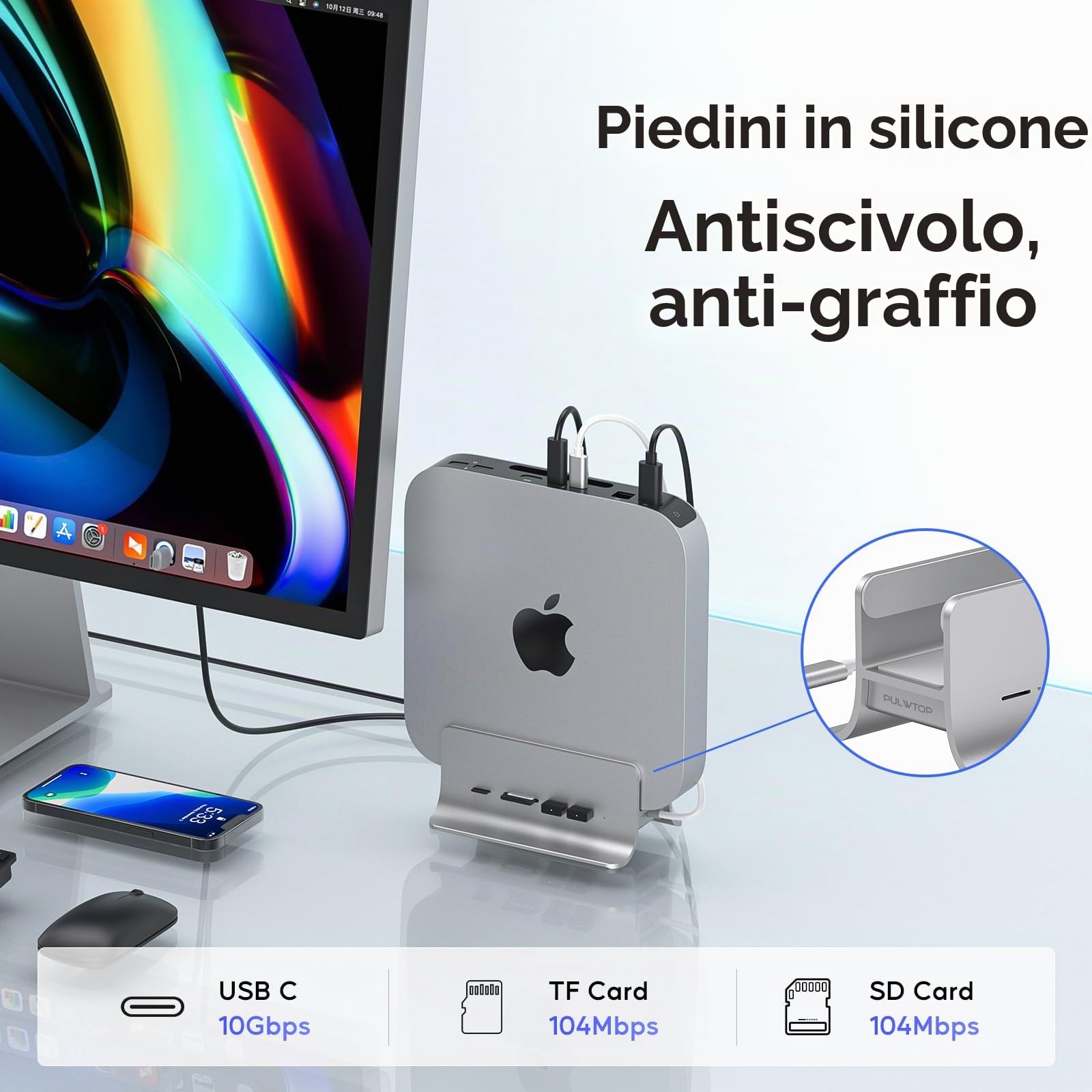 Hub USB C per Mac mini M1/M2, hub USB con supporto per SSD M.2 NVMe | PULWTOP Adattatore hub USB con 2X USB C 10 Gbps, lettore di schede SD/TF, SSD M.2 (SSD Non Incluso)