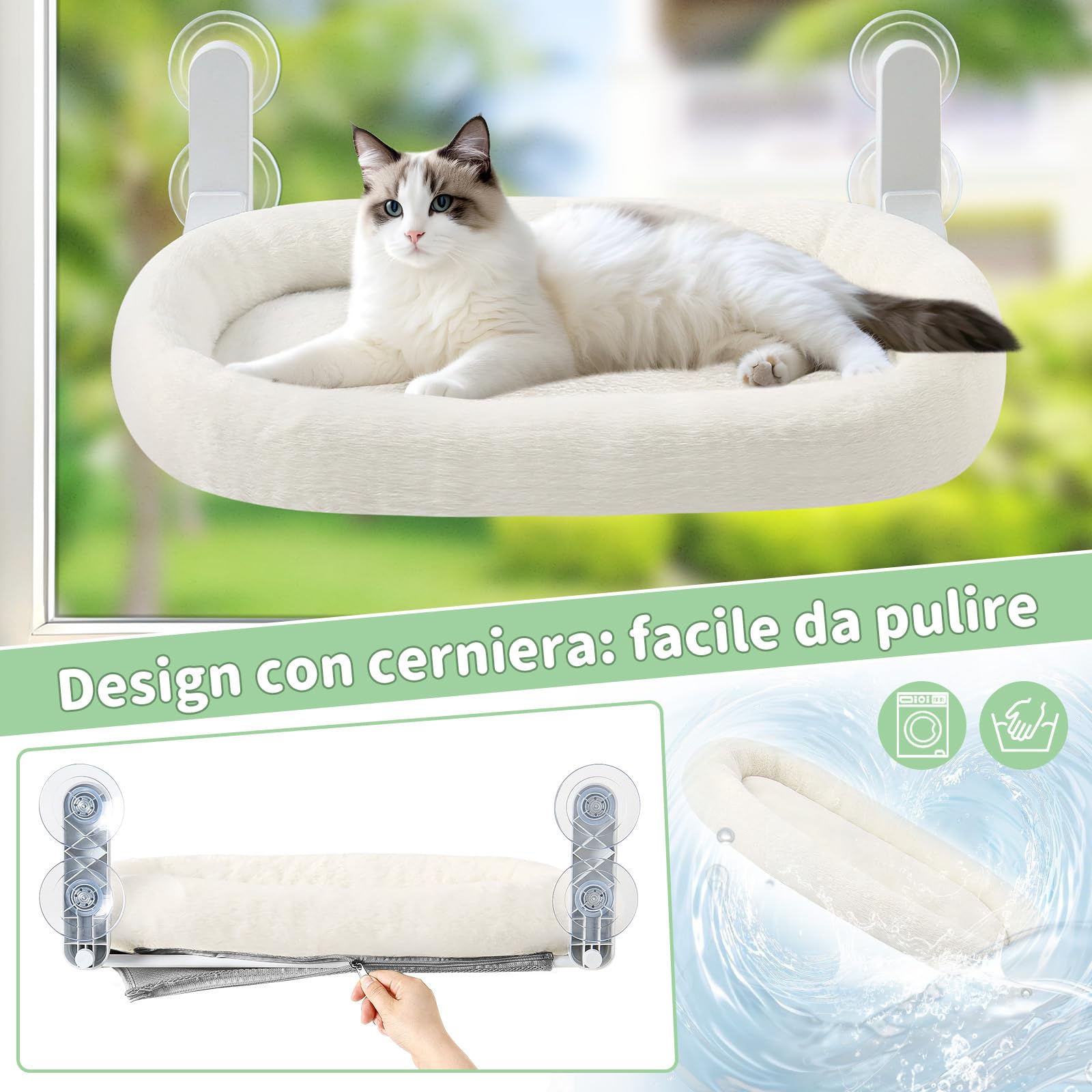 GUUSII HOME Amaca per Gatti da Finestra Letto Morbido e Confortevole per Gatti Trespolo e Mensola per Riposo Interno Facile da Installare Senza Forature Animali domestici (Bianco)