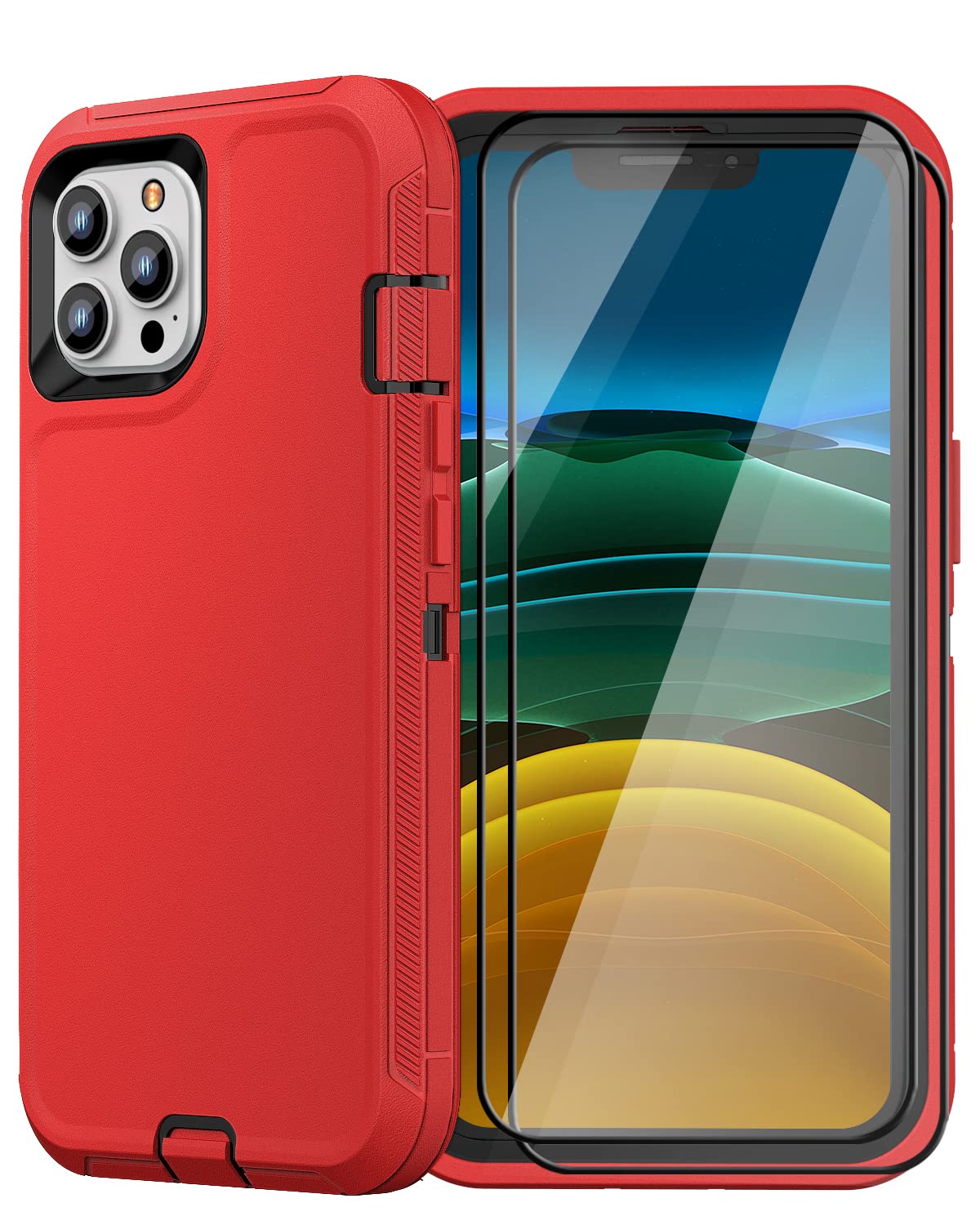 FEIYAR HOMEiPhone 11 Pro Max Case - Military Grade Drop Protection with 2 Tempered Glass Screen Protectors (Red Black)