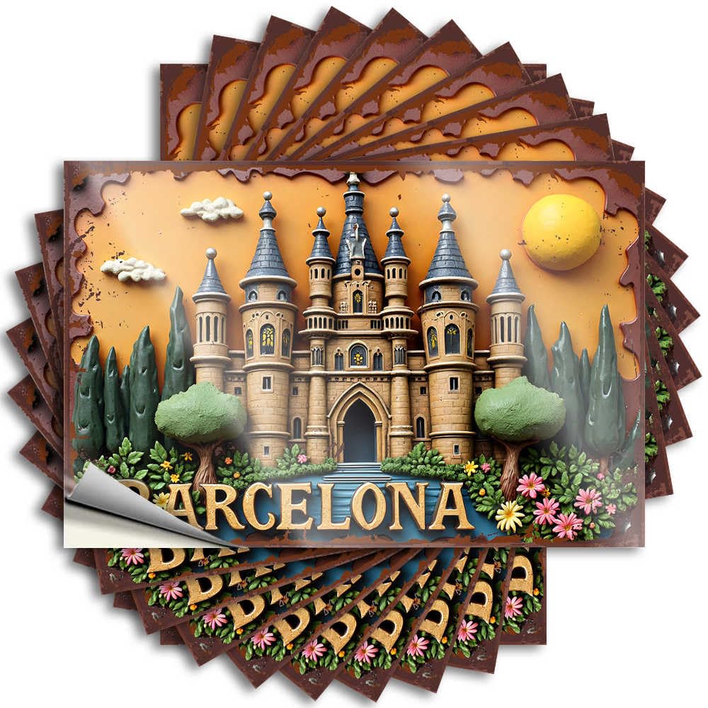 Funny Sticker Lake House Decor Vinyl Sticker | Barcelona Castle: A Fairytale Fantasy in Golden Lights Fun for Beer Use(6X9CM)