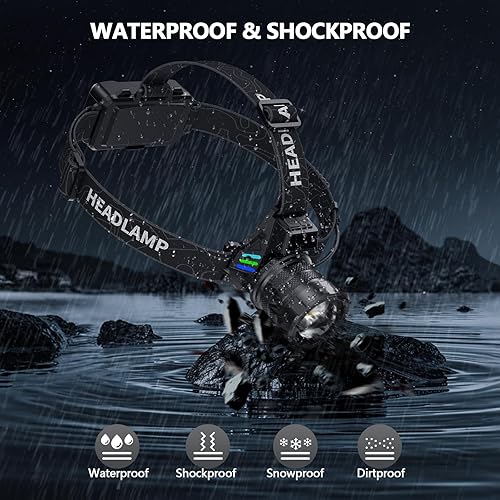 Miniatura 6 de Linterna frontal recargable de 2980 lúmenes altos, súper brillante, LED para adultos, funciona con pilas, táctica, impermeable, zoomable, pantalla