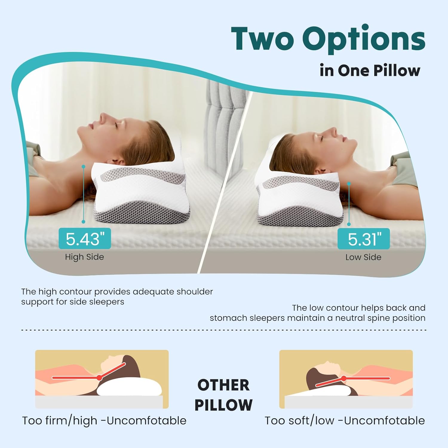 NEWBULIG Cervical Neck Pillow - Ergonomic Memory Foam Pillow for Neck Pain Relief, Contour Orthopedic Bed Pillow for Side, Back & Stomach Sleepers with Neck Support, Queen, White & Grey