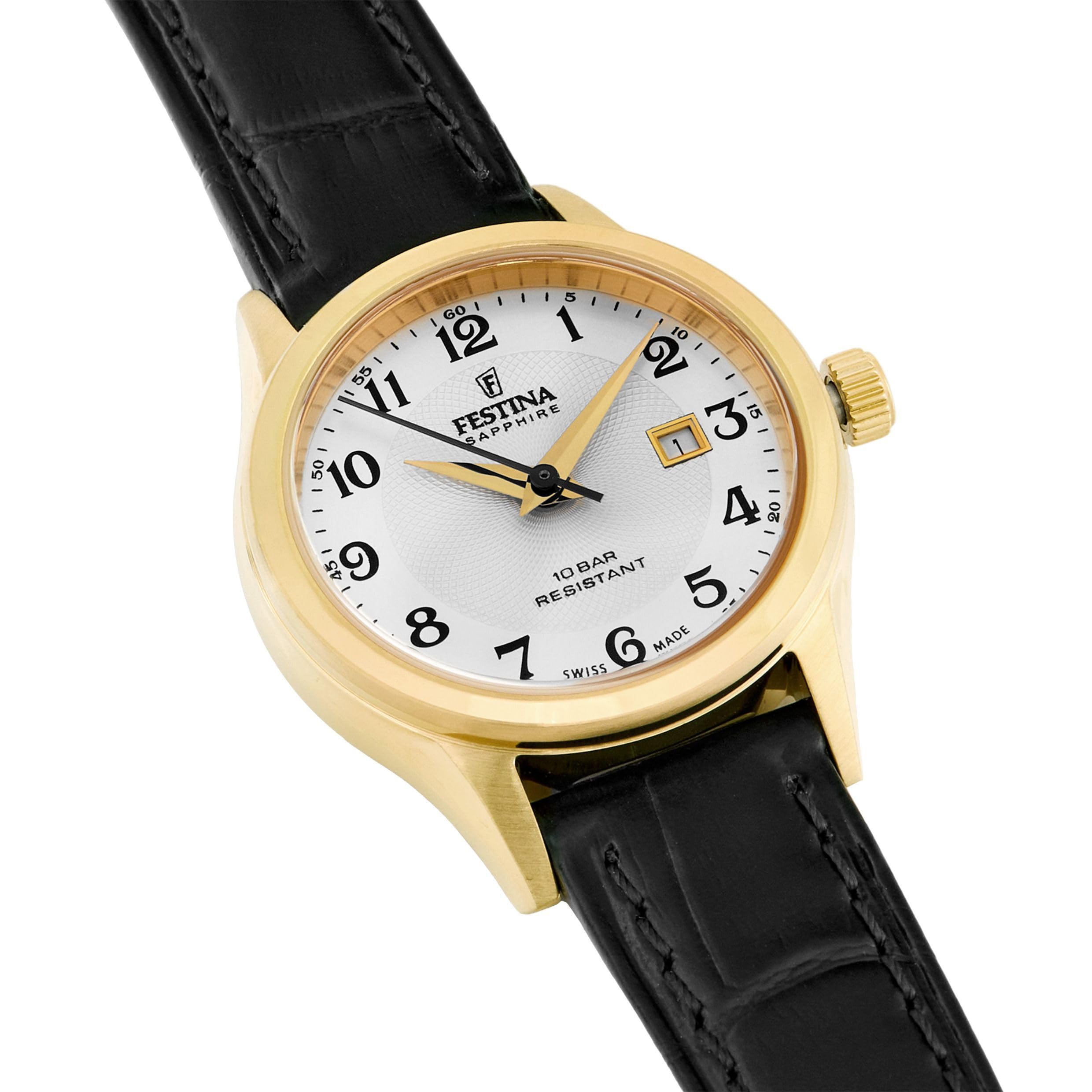 Festina F20011/5 Zegarek damski Swiss Made Złoty Skórzany pasek ze stali nierdzewnej Czarny, Szary, Klasyczny