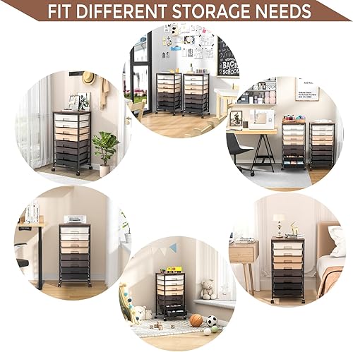 Miniatura 8 de TOOLF Carrito utilitario con 8 cajones, carrito de almacenamiento rodante con mesa de madera y ruedas con bloqueo,Carrito de cajón de almacenamiento