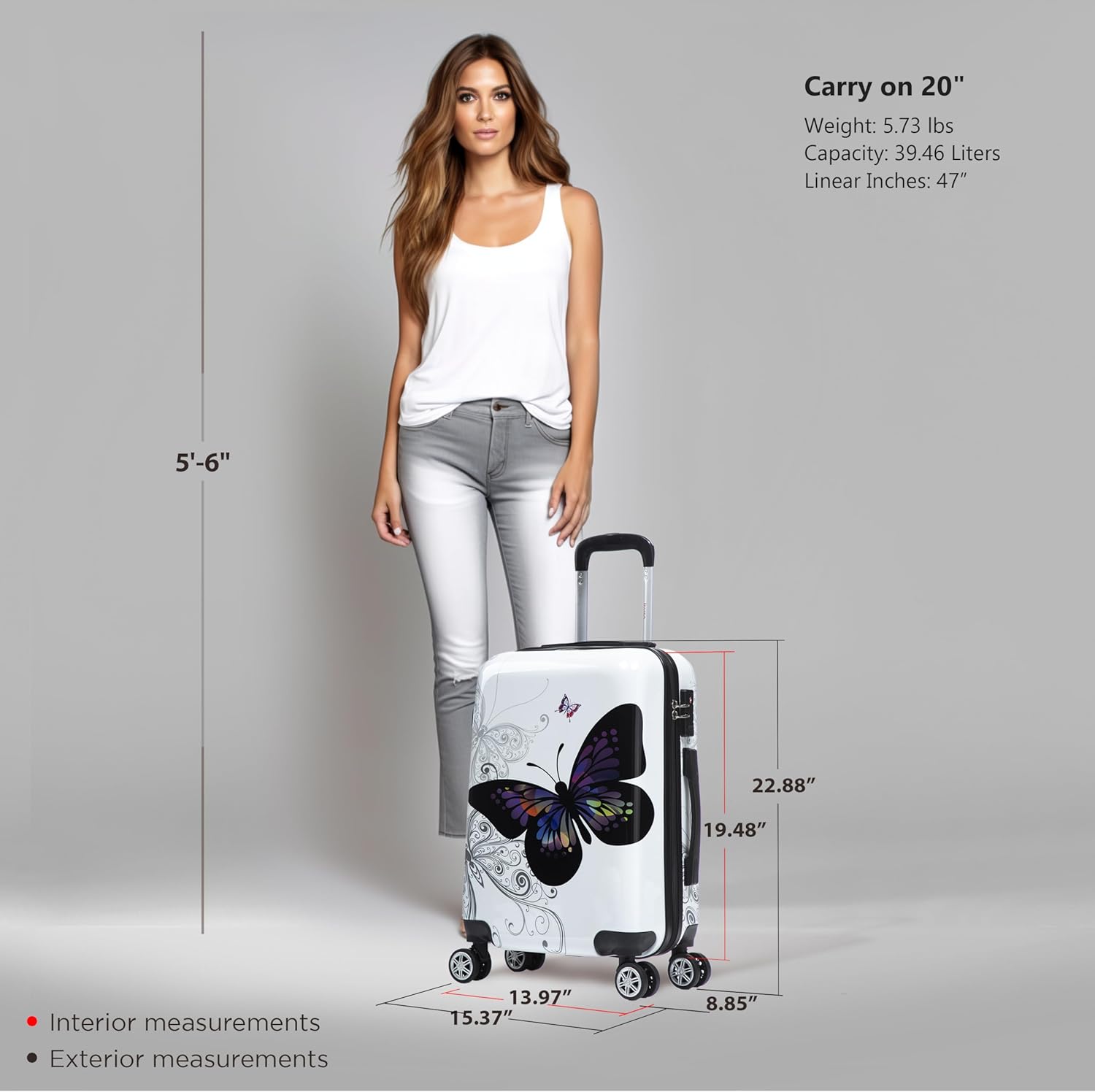 InUSA Butterfly Print Luggage with Spinner Wheels | Durable Lightweight Hardside Suitcase | Travel Bag with Handle and Trolley | 20 Inch Carry-On Spinner Luggage
