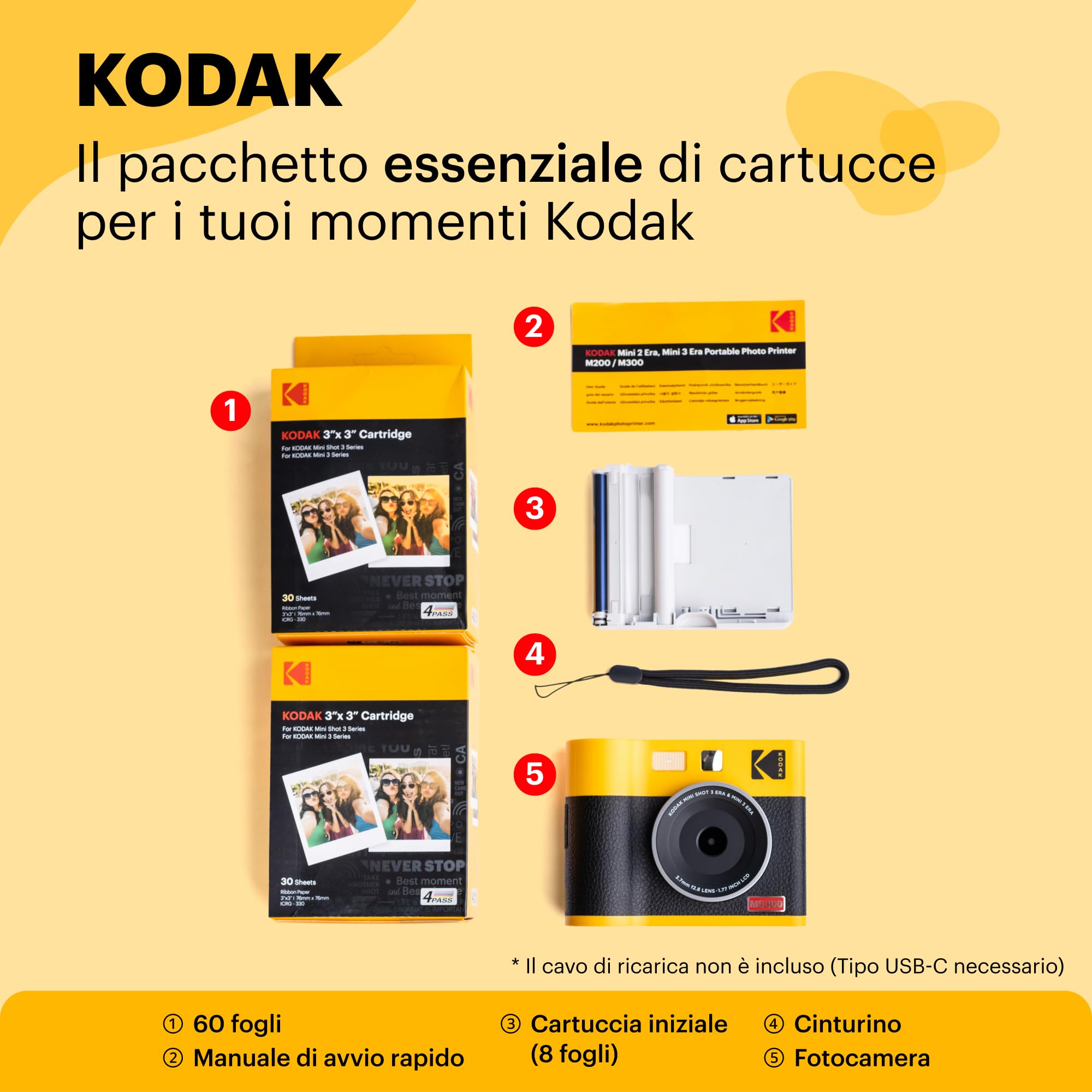 KODAK Mini Shot 3 Era 4PASS 2-in-1 Fotocamera Istantanea & Stampante Fotografica (7.6x7.6cm) (Fotocamera Istantanea + 8 Fogli inclusi + Pacchetto con 60 Fogli, Nero)