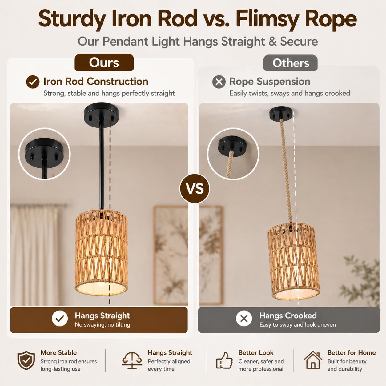 Rattan Pendant Light, 6 Inch 2-in-1 Boho Hanging Fixture with Iron Rods & Linen Shade, Adjustable Height & Sloped Ceiling Compatible for Kitchen Island Dining Room Farmhouse Bedroom, 1 Pack