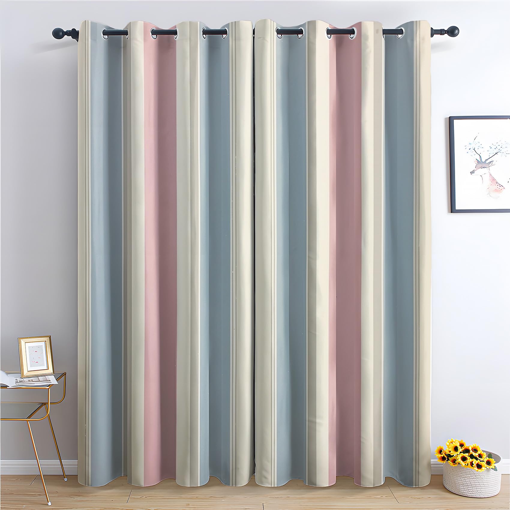 Rideau occultant rayé 140x240 cm lot de 2 draperies thermiques à oeillets vintage pour chambre salon