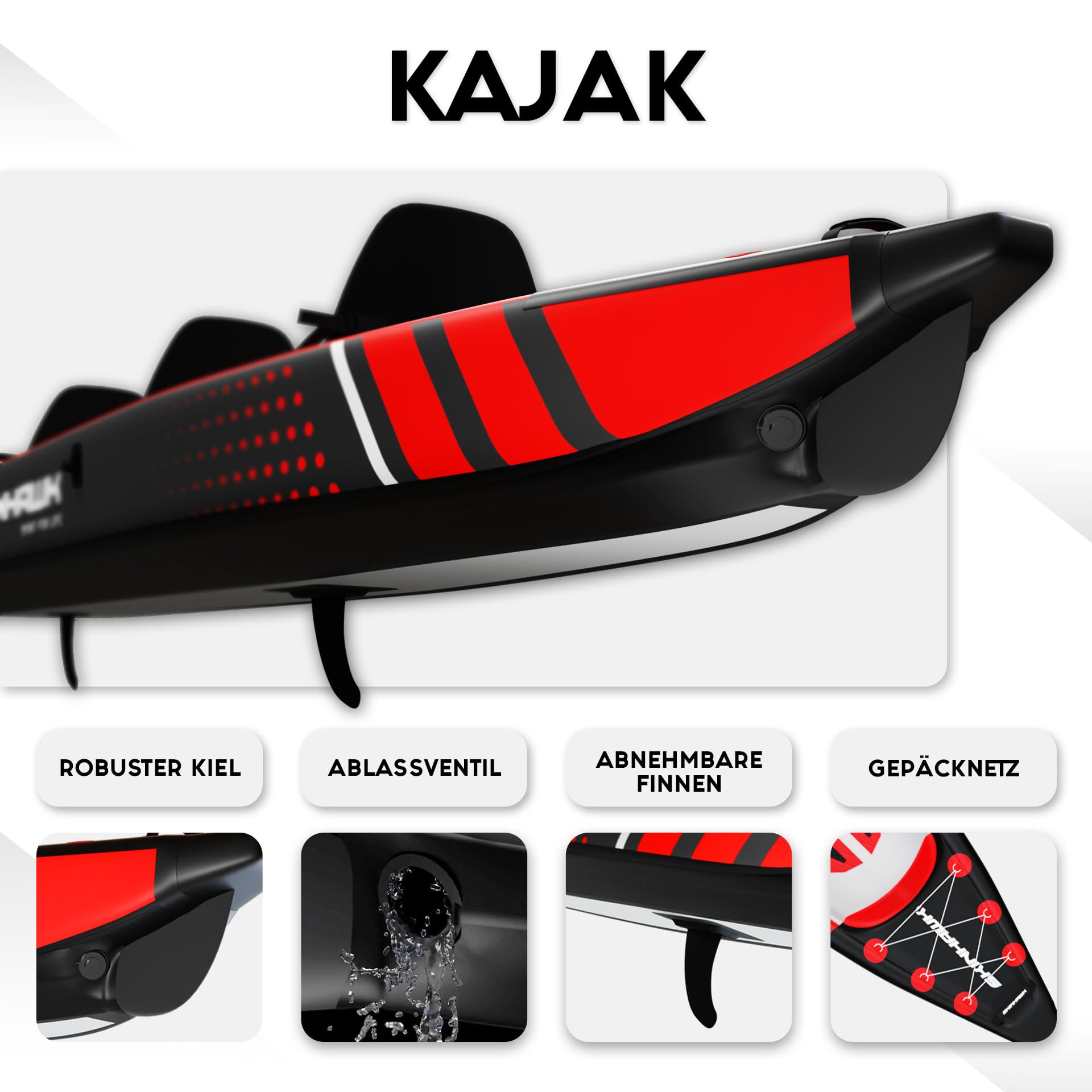 SKINHAWK Premium Drop Stitch Kajak 490 Rot, Schlauchboot, Kanu, zum Aufblasen, Adventure Kajak 490 x 85 cm