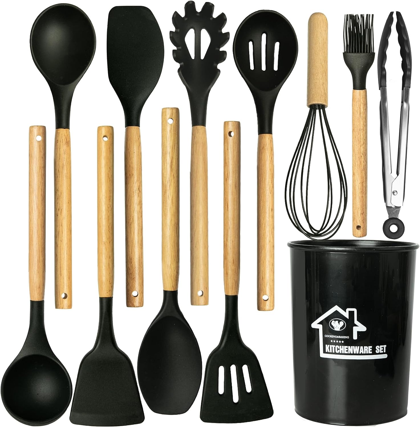 Kitchen Utensils Set for Cooking : 12 Pieces Silicone Wood Handle Kitchen Spatula Set - Heat Resistant Kitchen Gadgets Tools for Non-Stick Cookware (Grey)