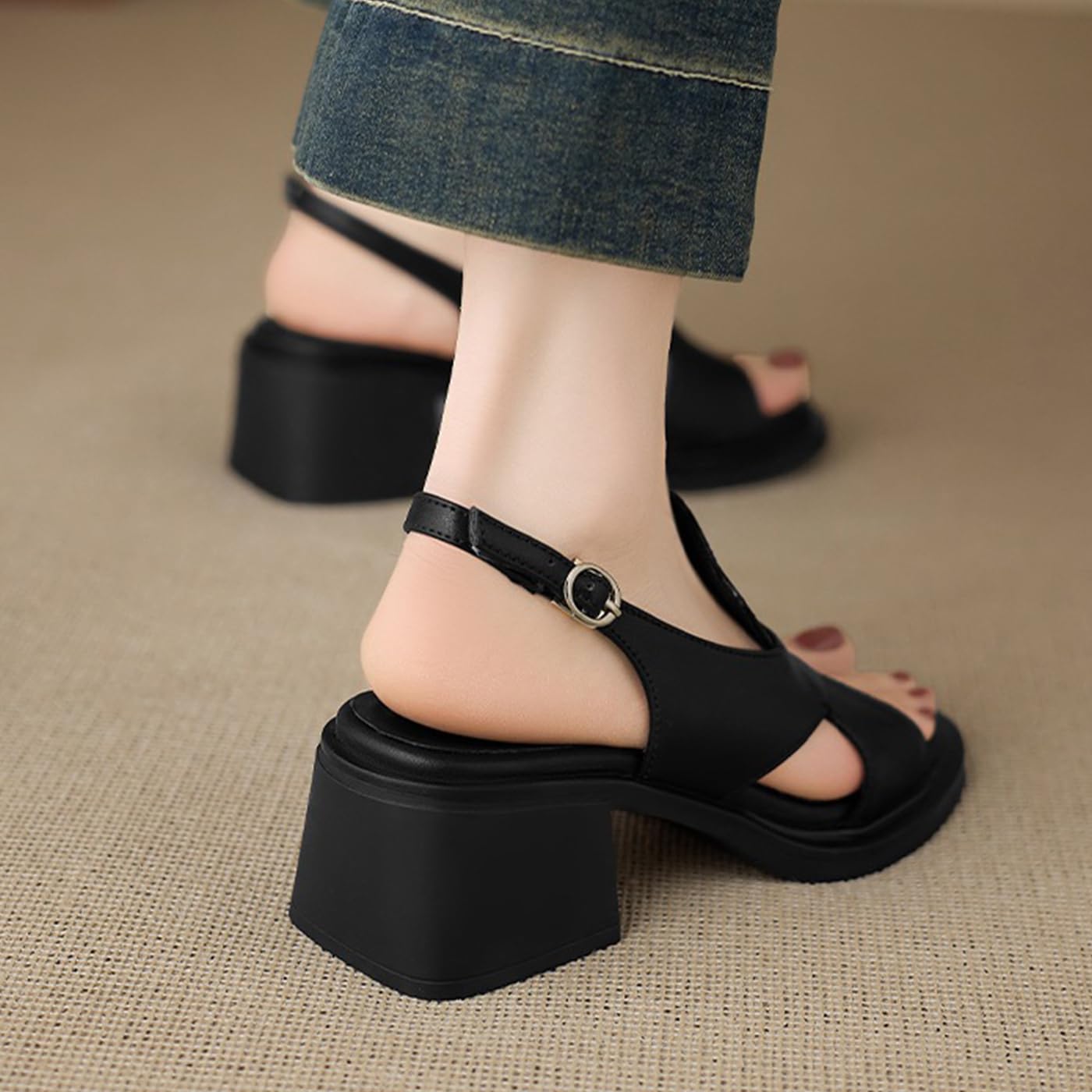 Sandali Estivi Donna Punta Aperta Cinturino Tacco Largo | Design minimal, Tallone aperto, Tacco 5 cm, Suola gomma, Passeggio, Vacanza