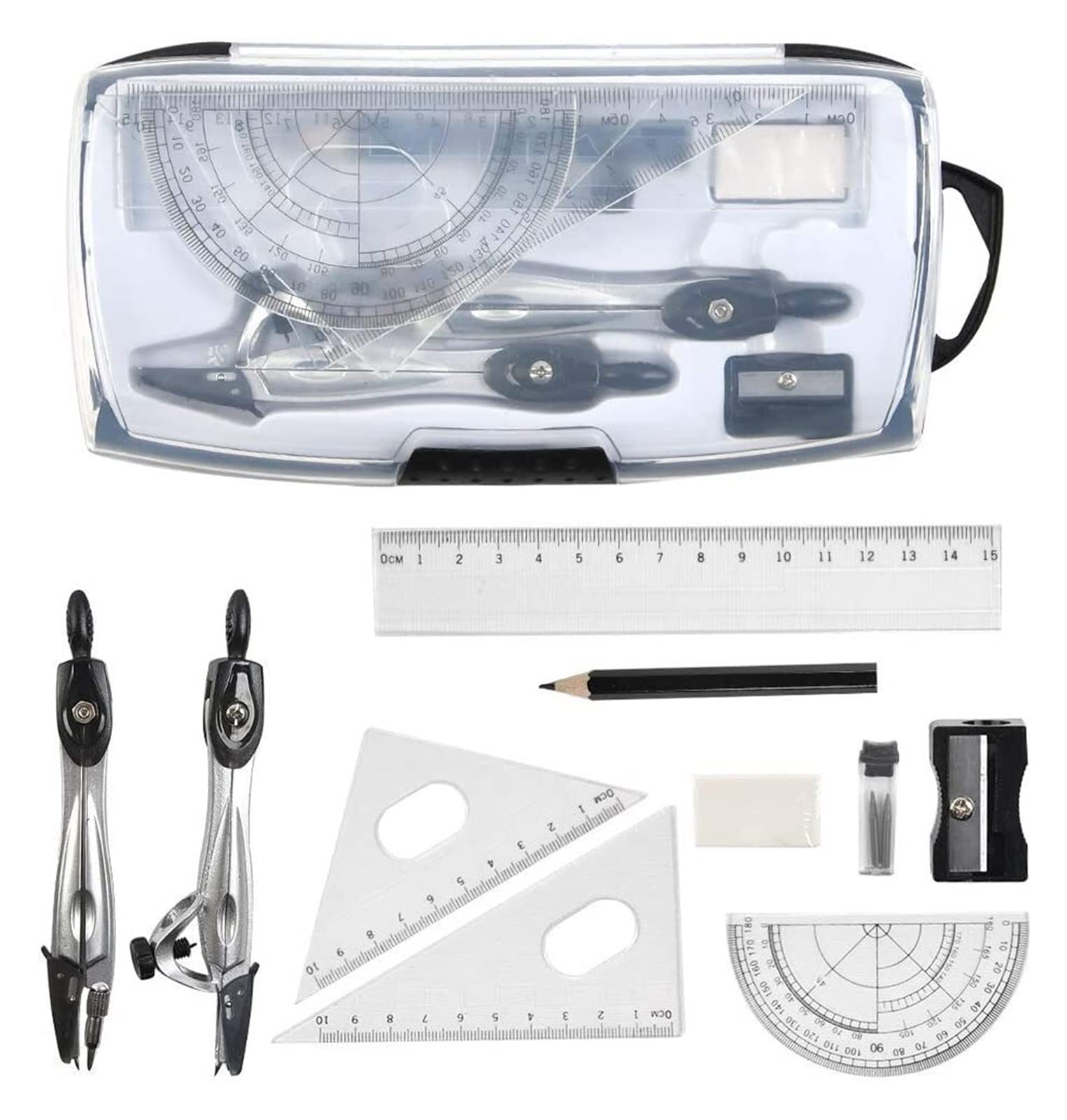 BAtlam Zirkel-Set Geometrie 10 Geometrie-Set mit Zirkel, Bleistiftmine, Lineal, Anspitzer, Bleistift und Radiergummi für das Schulbüro Schüler-Mathematik-Zeichnung