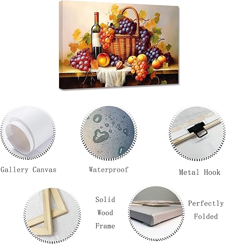 Miniatura 5 de ZXHYWYM Arte de pared para cocina, uvas y vino, impresiones en lienzo de frutas frescas para cocina, restaurante, comedor, decoración enmarcada (3,