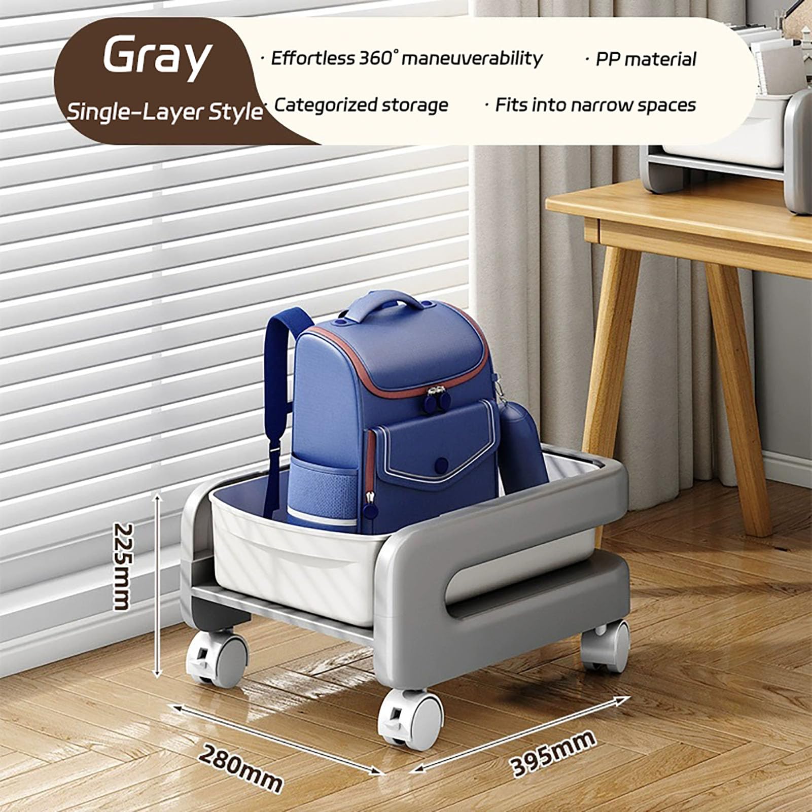 Carrello portaoggetti in plastica, con ruote e cestini, organizzazione sotto la scrivania per libri, materiale scolastico, dormitorio e casa, 1 livello, grigio