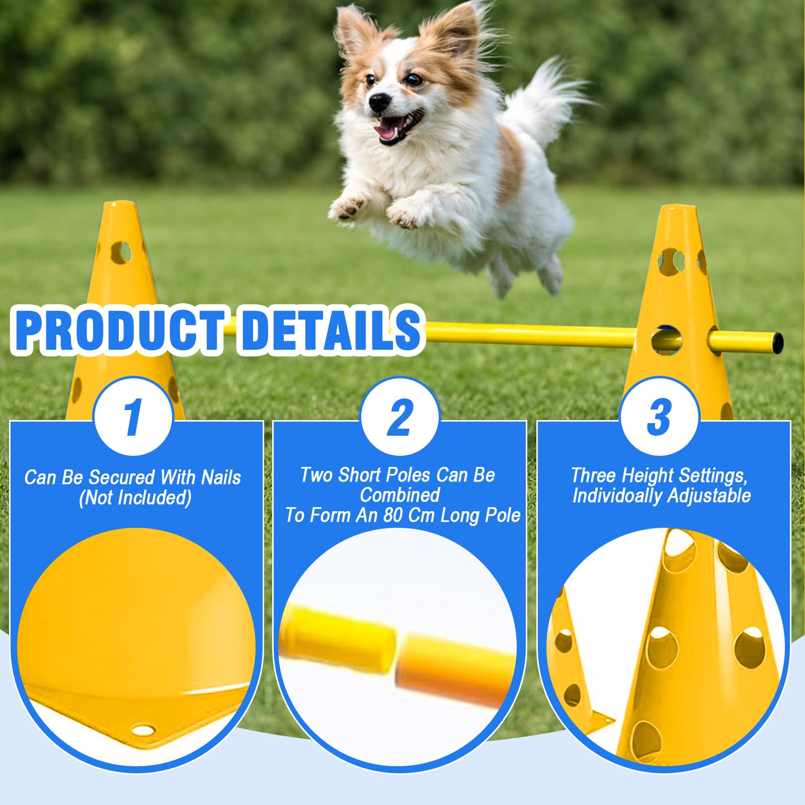 Agility Set Hunde – 10 Kegel + 5 Stangen, 23 cm Höhe, Cavaletti Hund für Koordinationstraining, Hunde Agility Set vielseitig einsetzbar, auch für Hobby Horse Parcours