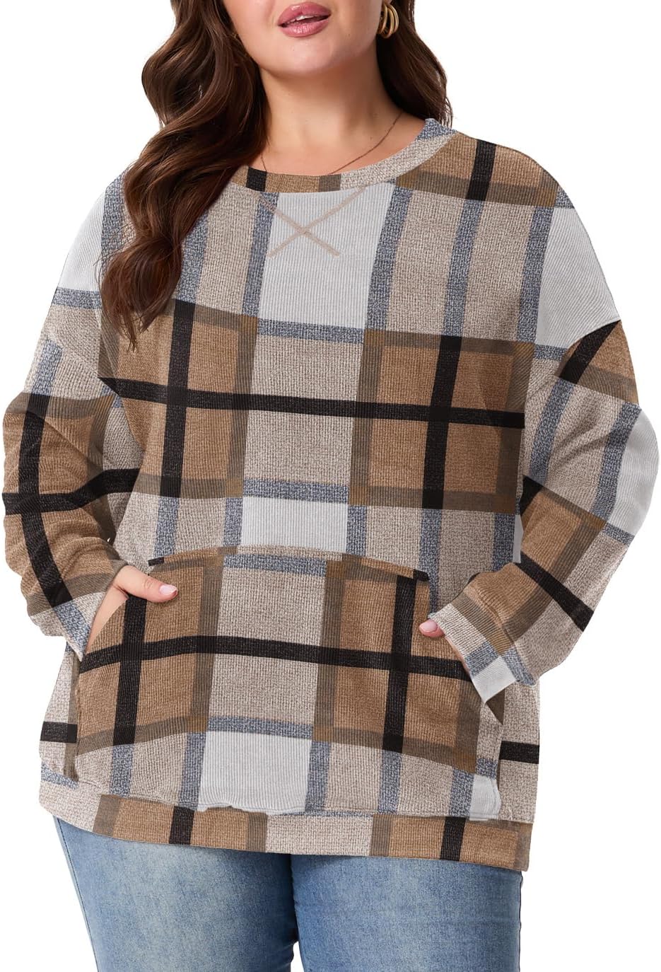 OLRIK Women Plus Size Sweatshirt Oversized Corduroy Crewneck Pullover Sweater with Kangaroo Pocket Fall Winter