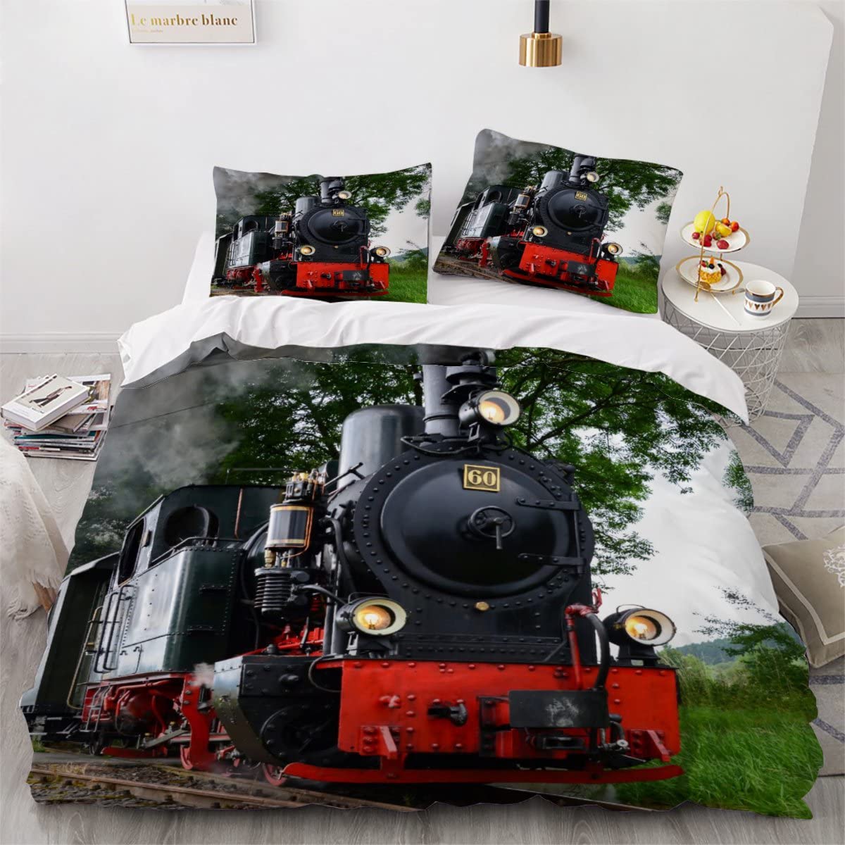 Duvet Cover set single Steam Train 3d Printed Quilt Cover with Zipper Closure and Pillowcase Retro Locomotive Comforter Cover 3 Pieces Ultra Soft Microfiber Bedding Set for Girls Teens