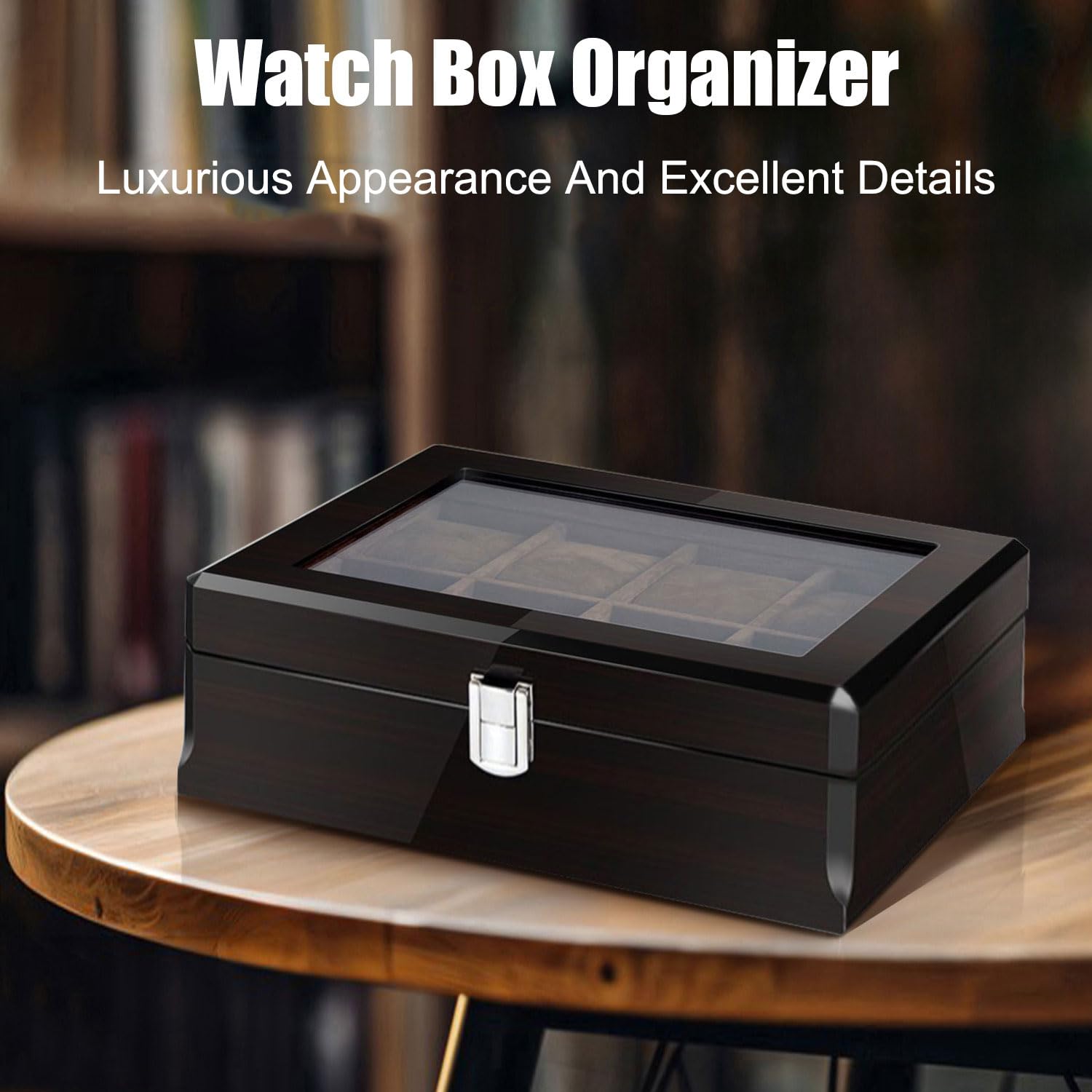 Caja de reloj con 8 ranuras, organizador de caja de reloj, tapa de cristal grande, caja de reloj clásica de ébano para hombres, caja de exhibición de reloj con almohada extraíble, regalo para