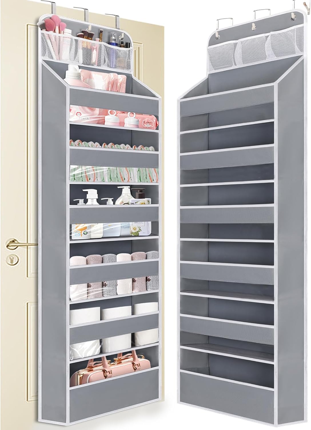 Over the Door Organizer 7 Tiers - 55lb Heavy Duty Door Hanging Organizer, No Tilt Behind Door Storage for Bedroom/Bathroom/Closet/Nursery/Shoe Storage, Grey, 1 Pack