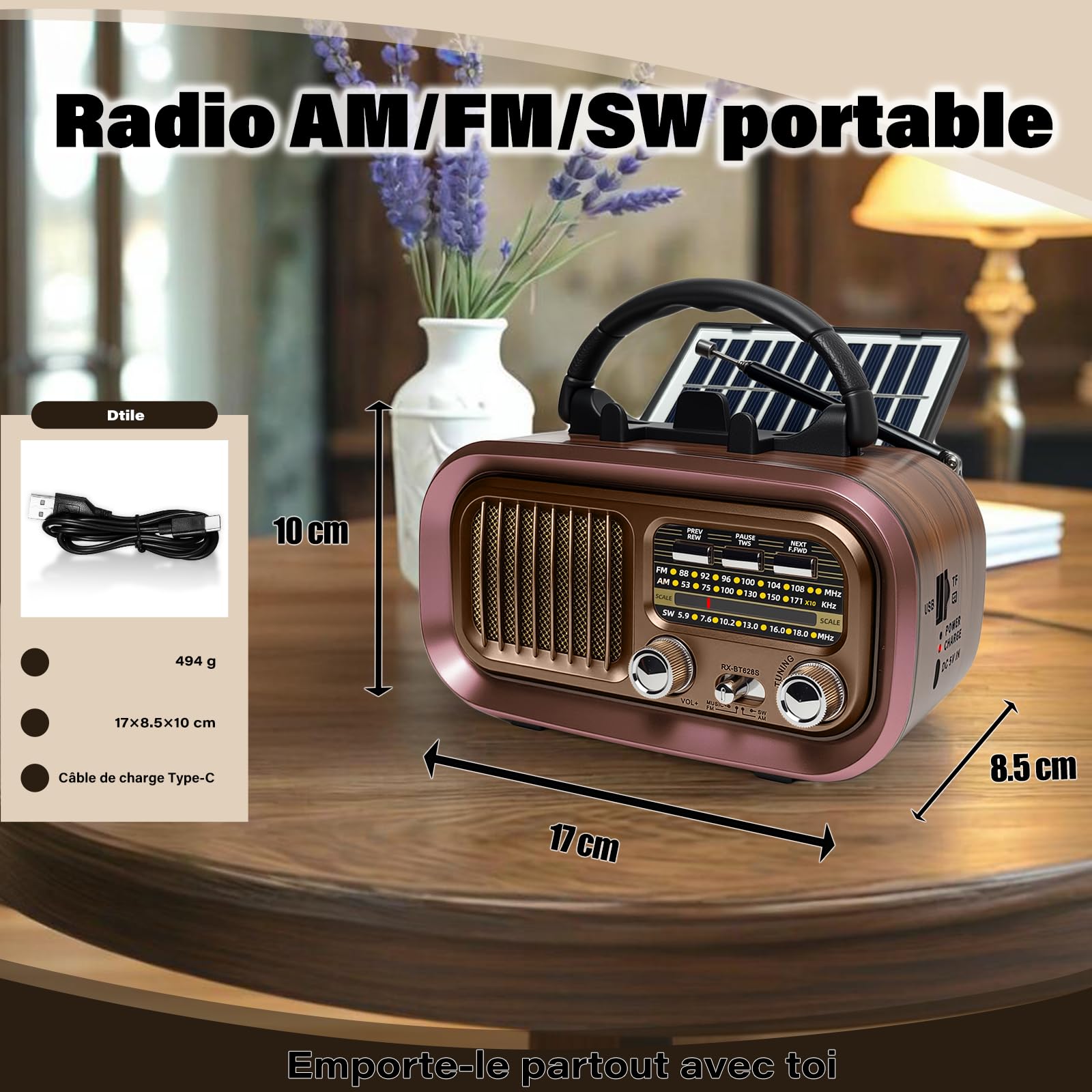 Poste Radio Portable, AM/FM/SW Radio a Pile, Rétro Radio Vintage