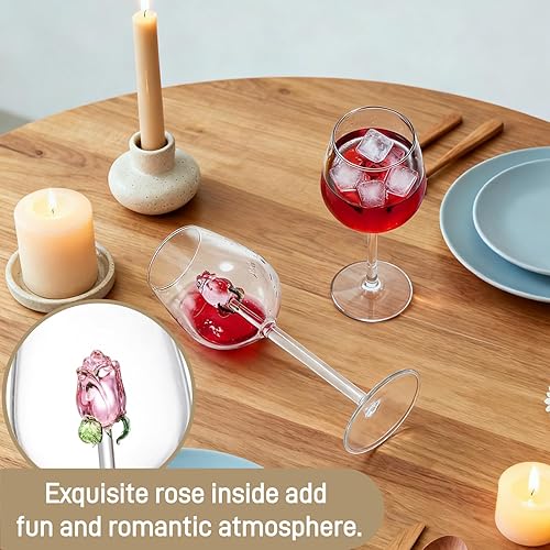 Miniatura 4 de Paquete de 2 copas de vino rosa, copa creativa de 10 onzas con rosa en el interior, copas de vino elegantes con tallo, cristalería de cóctel